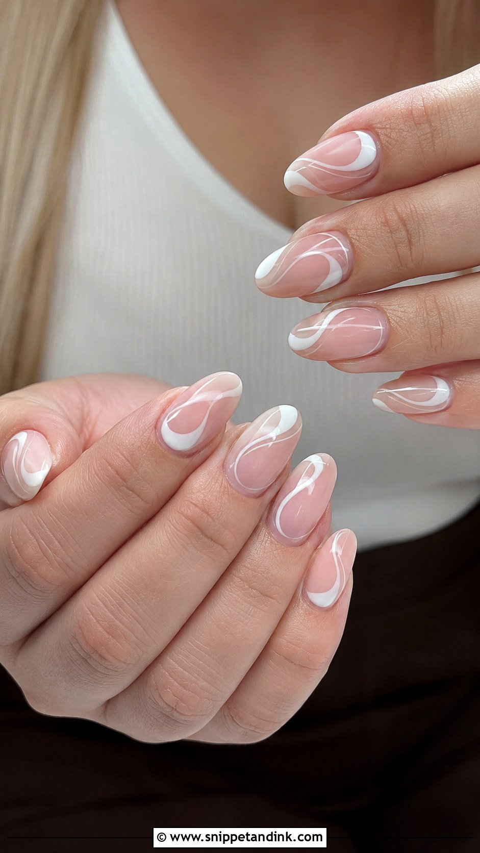 White Swirl Nude Nails - Snippet and Ink - 20 Nail Art for Wedding Guest Ideas
