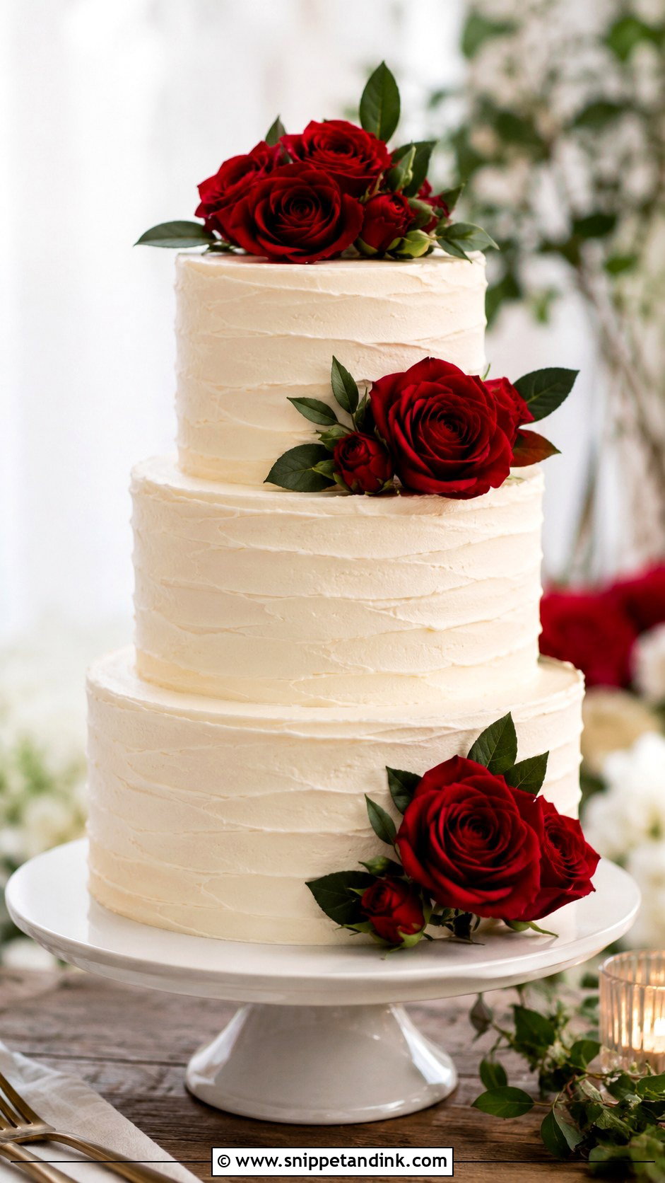 White Textured Buttercream Wedding Cake With Red Roses - Snippet and Ink - 30 White Wedding Cake Ideas with Red Roses