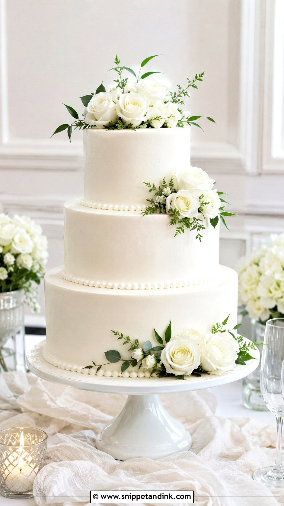White Tiered Wedding Cake - Snippet and Ink - 20 Gorgeous Wedding Cake Ideas