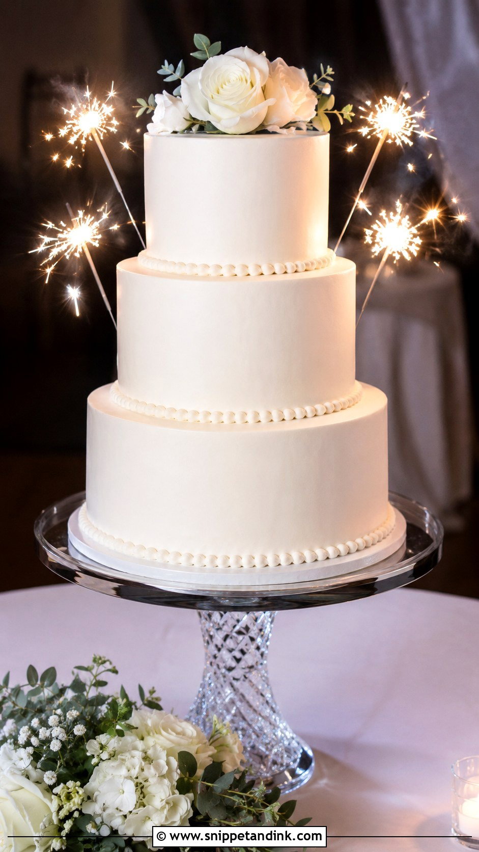 White Tiered Wedding Cake With Sparklers - Snippet and Ink - 20 Cake Ideas with Sparklers for Wedding