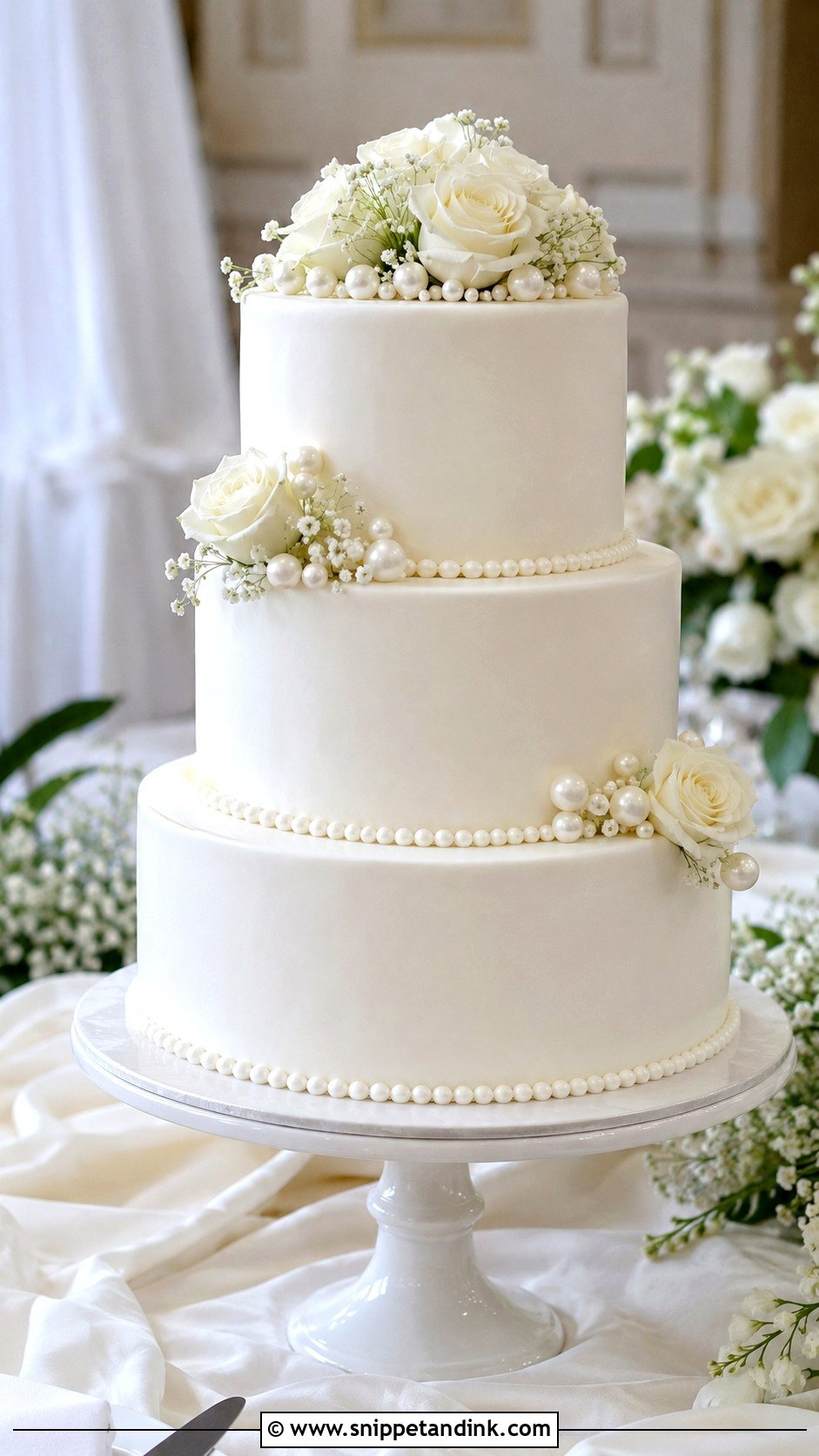 White Tiered Wedding Cake on Pedestal - Snippet and Ink - 20 Wedding Cake Ideas on Pedestals