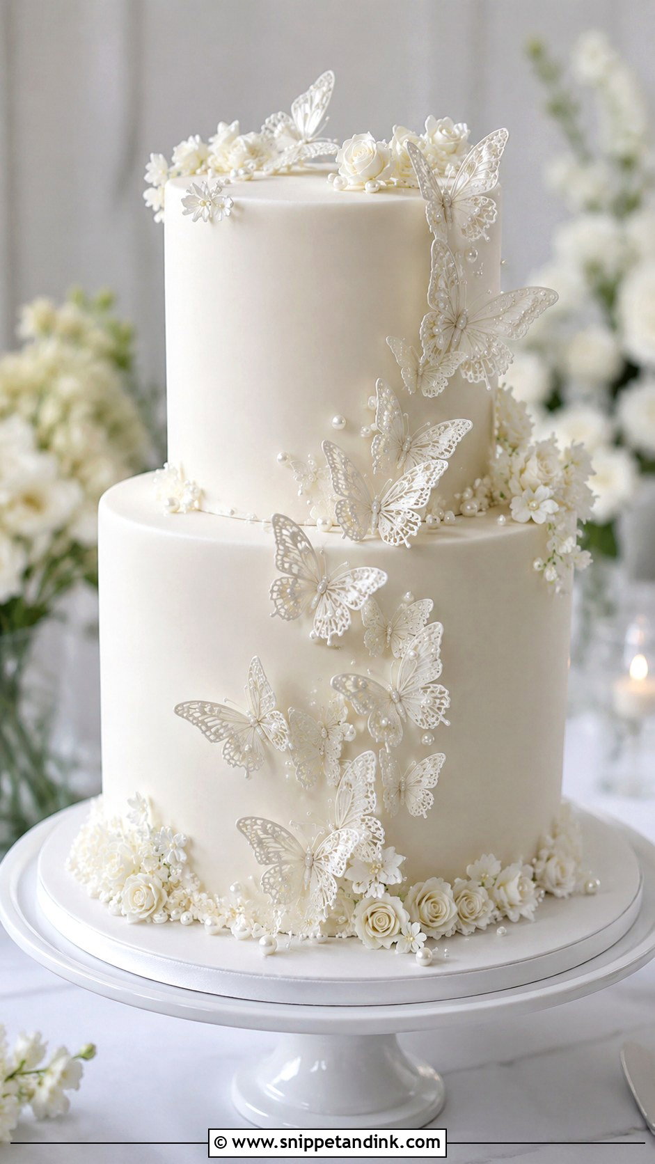 White Two Tier Butterfly Wedding Cake - Snippet and Ink - 20 Two Tier Butterfly Cake Ideas for Wedding