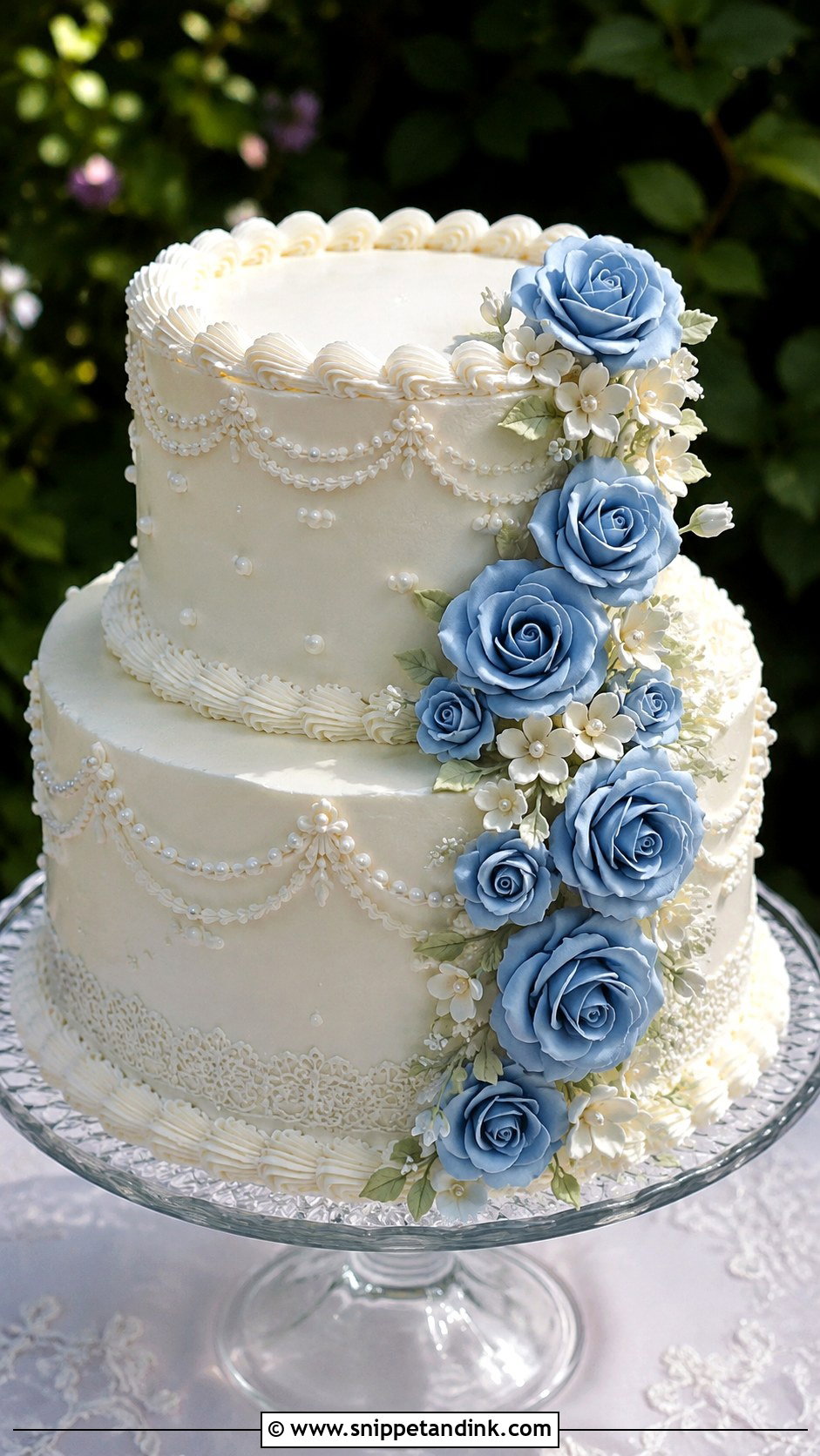 White Vintage Cake With Blue Roses - Snippet and Ink - 20 White and Blue Vintage Cake Ideas for Wedding