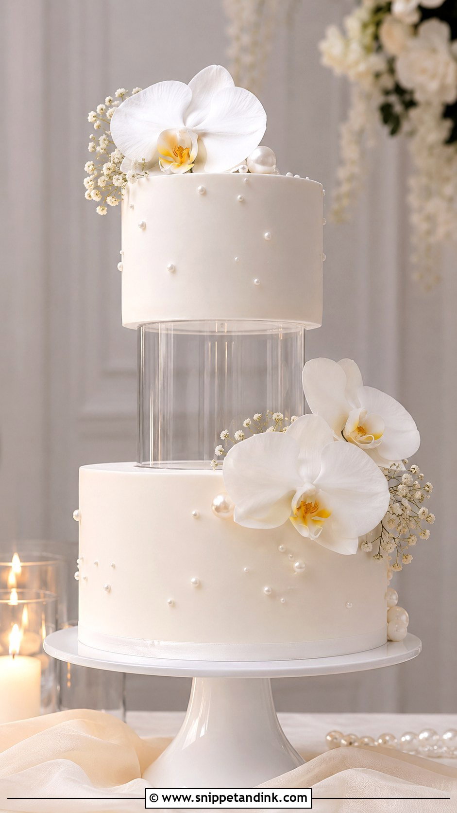 White Wedding Cake With Acrylic Separator - Snippet and Ink - 20 Wedding Cake Acrylic Separator Ideas