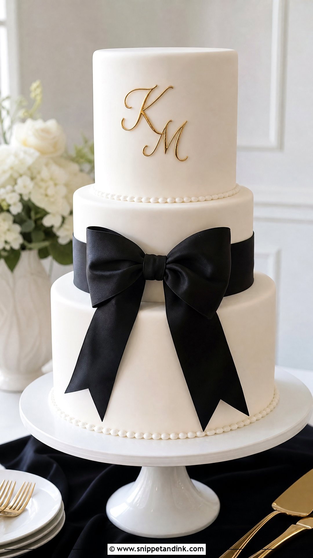 White Wedding Cake With Black Bow - Snippet and Ink - 20 White Gold and Black Cake Ideas for Wedding