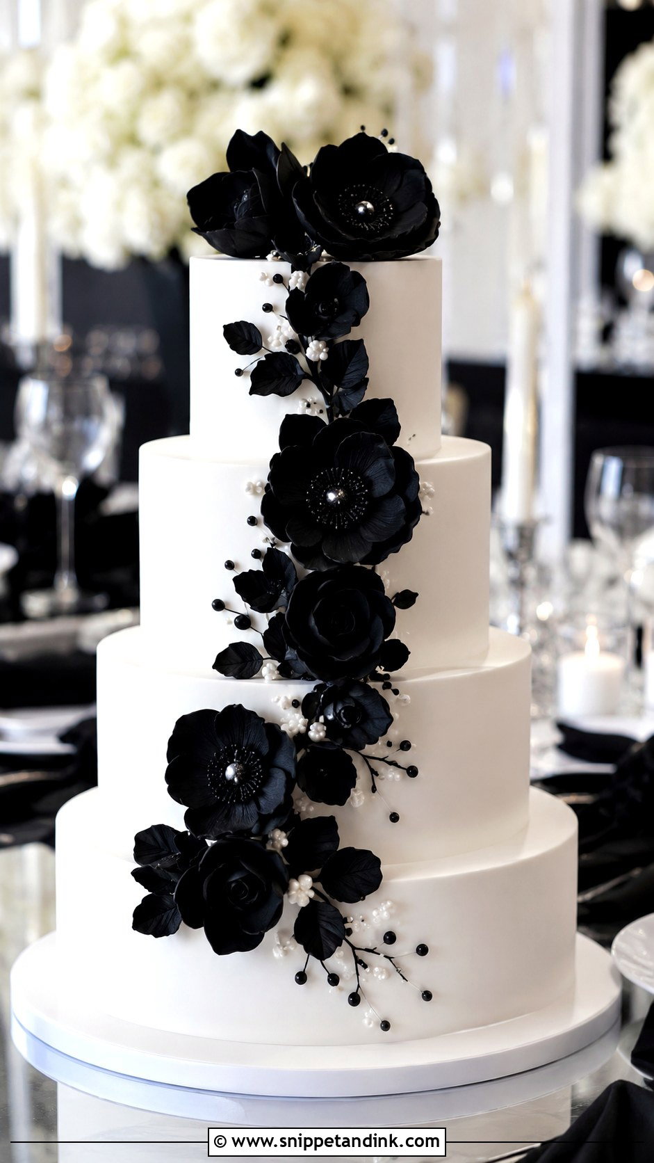 White Wedding Cake With Black Flowers - Snippet and Ink - 20 Dramatic Wedding Cake Ideas