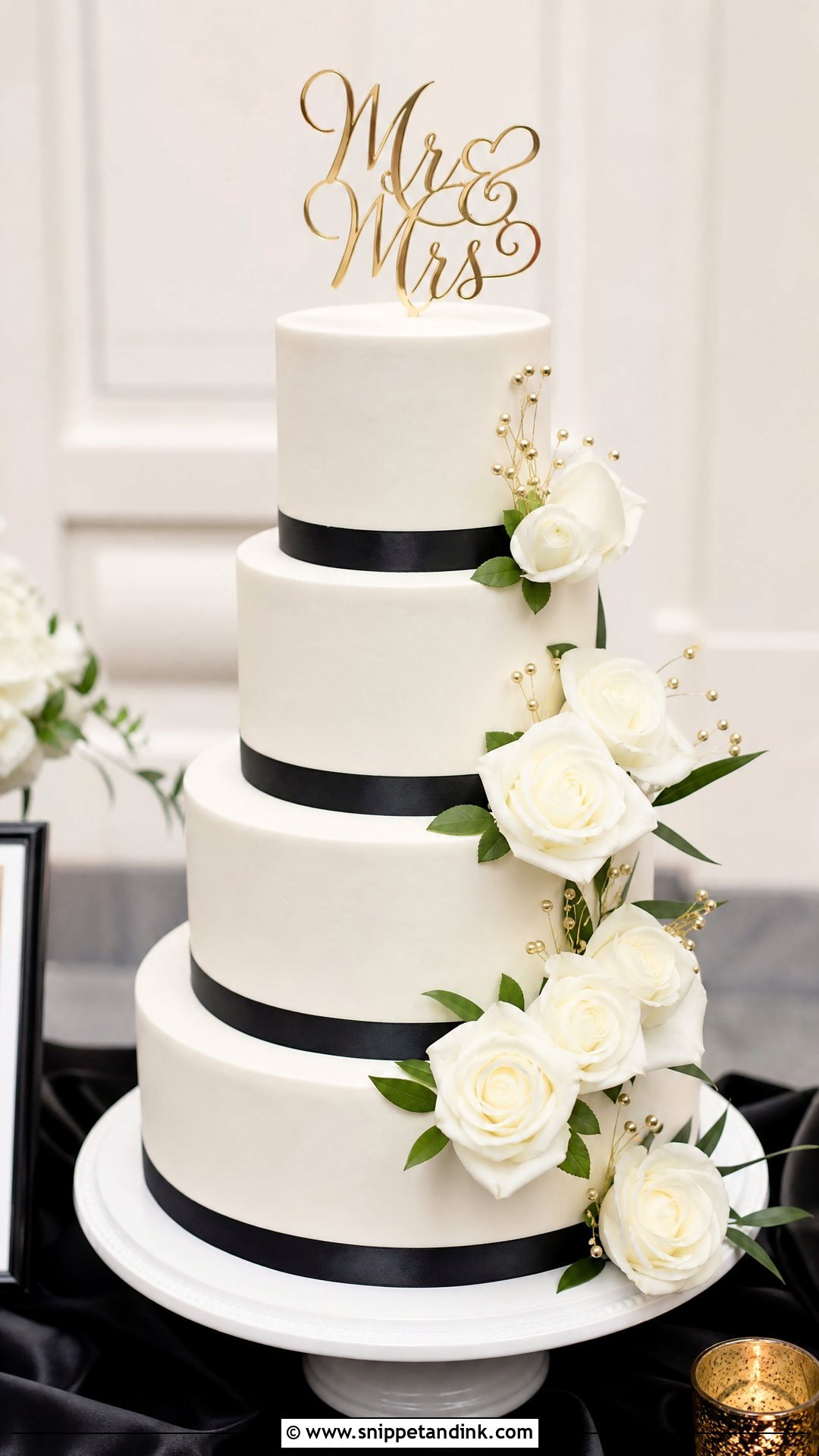 White Wedding Cake With Black Ribbon And Gold Topper - Snippet and Ink - 20 White Gold and Black Cake Ideas for Wedding