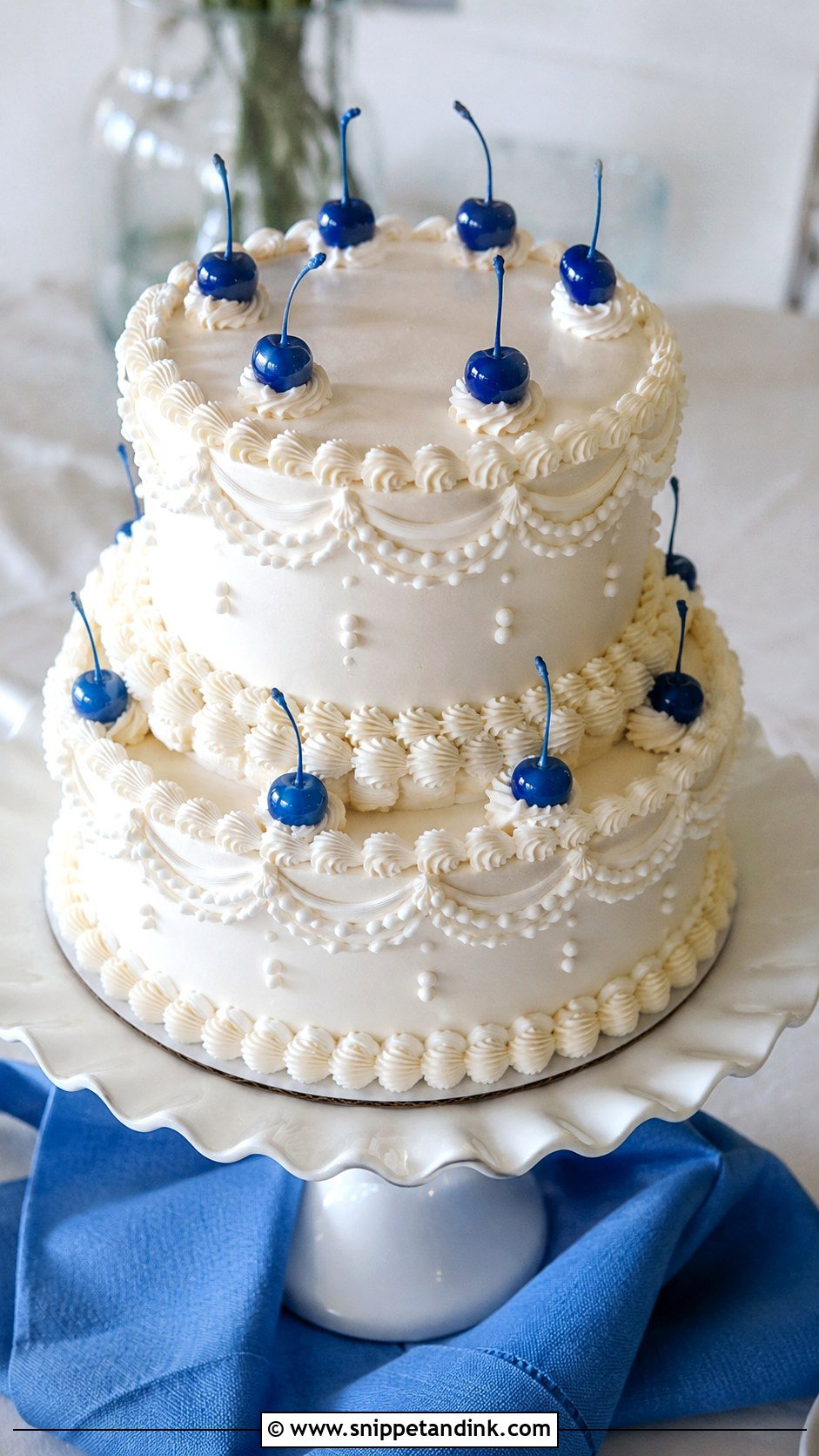 White Wedding Cake With Blue Cherries - Snippet and Ink - 20 White and Blue Vintage Cake Ideas for Wedding