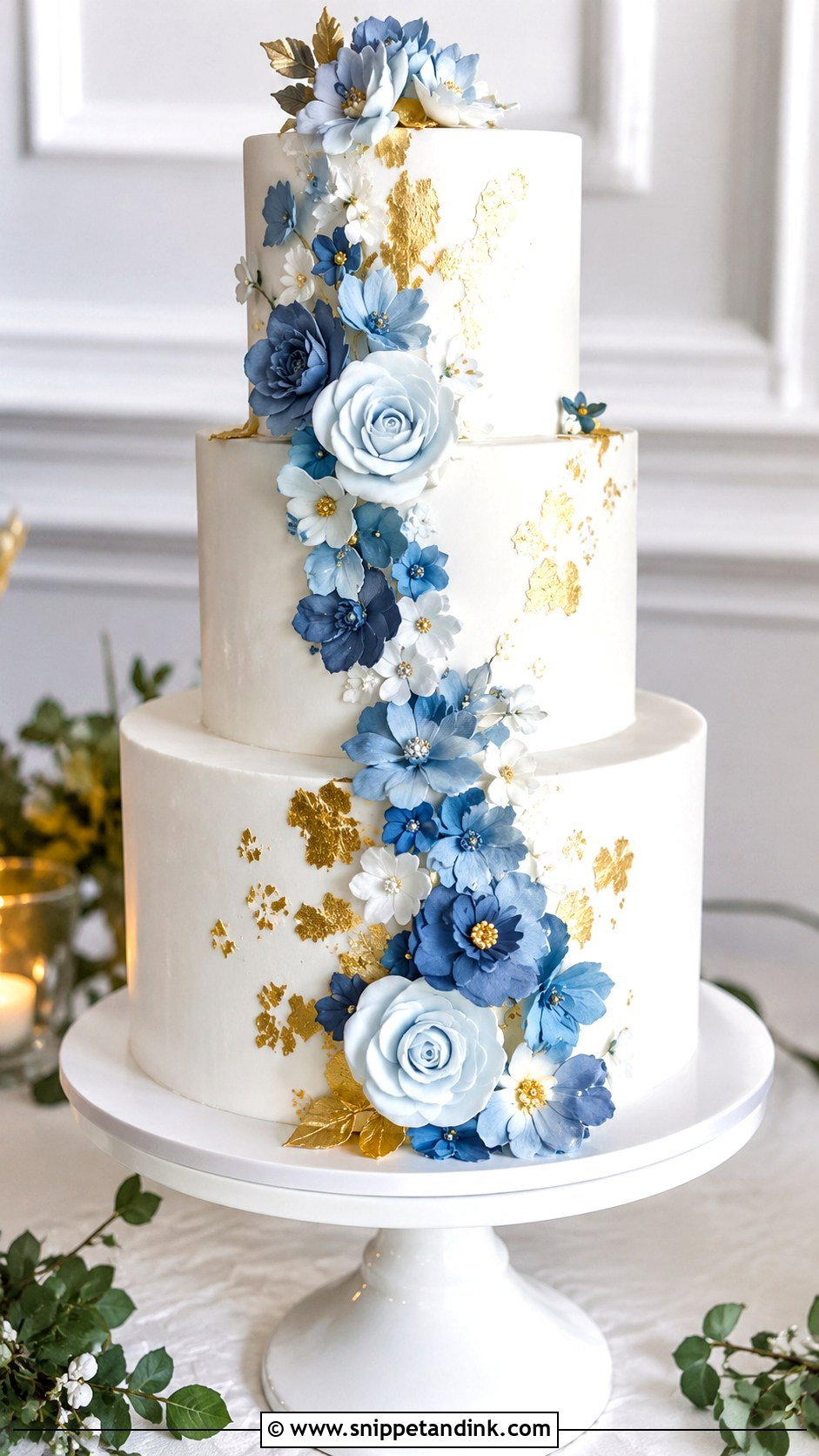 White Wedding Cake With Blue Flowers And Gold - Snippet and Ink - 20 Blue White and Gold Cake Ideas for Wedding
