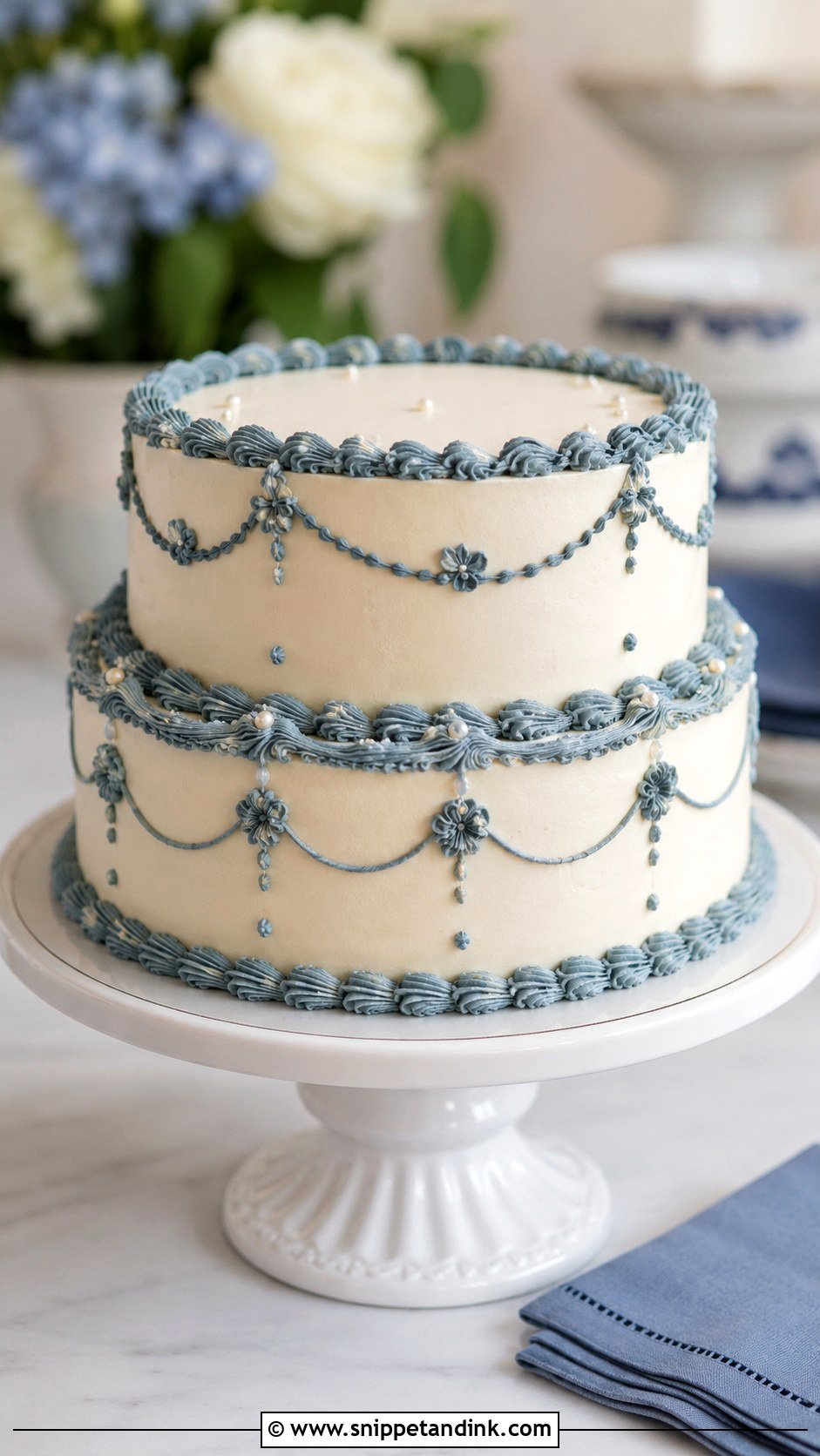 White Wedding Cake With Blue Piping - Snippet and Ink - 20 White and Blue Vintage Cake Ideas for Wedding