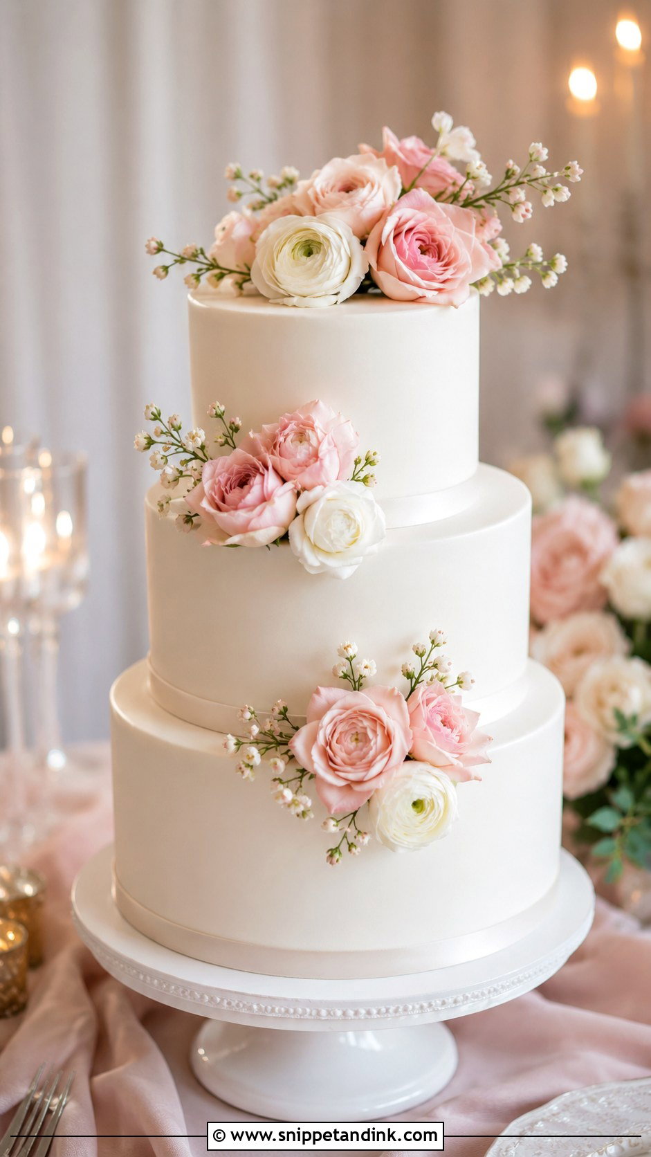 White Wedding Cake With Blush Flowers - Snippet and Ink - 25 Simple But Elegant Wedding Cakes