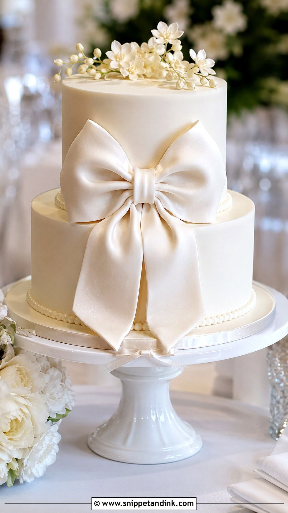 White Wedding Cake With Bow - Snippet and Ink - 20 White Wedding Cake and Cupcakes Ideas