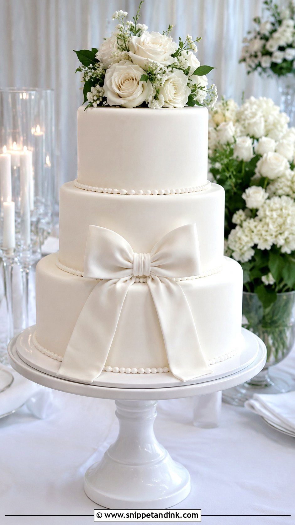 White Wedding Cake With Bow And Cake Stand - Snippet and Ink - 25 White Wedding Cake Ideas with Bow