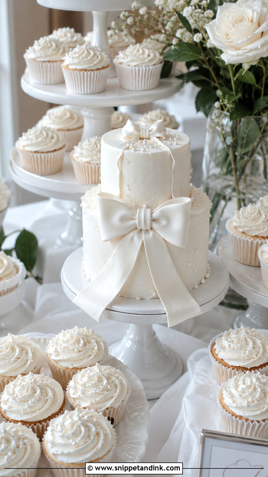 White Wedding Cake With Bow And Cupcakes - Snippet and Ink - 25 White Wedding Cake Ideas with Bow