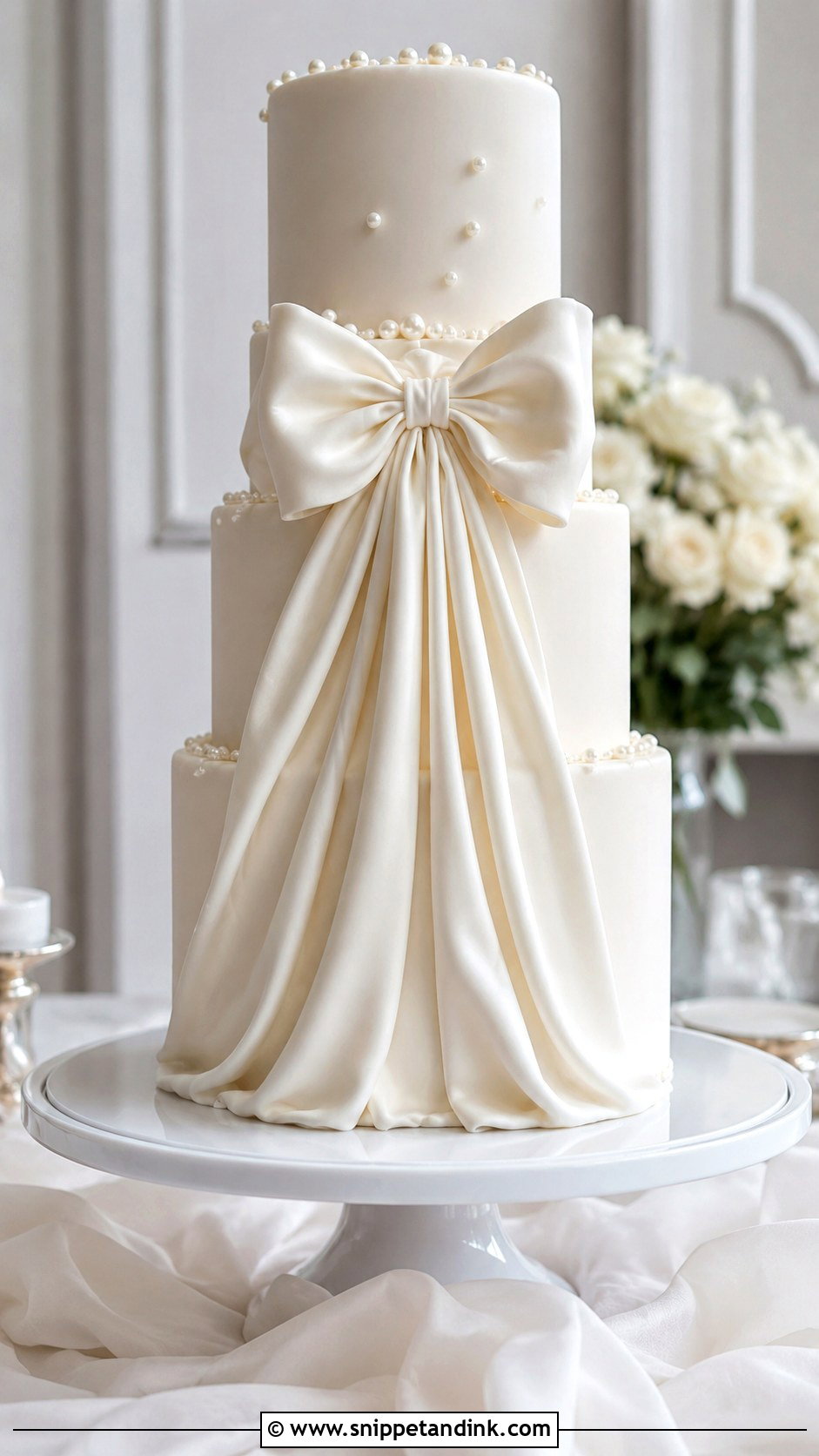 White Wedding Cake With Bow And Draping - Snippet and Ink - 25 White Wedding Cake Ideas with Bow