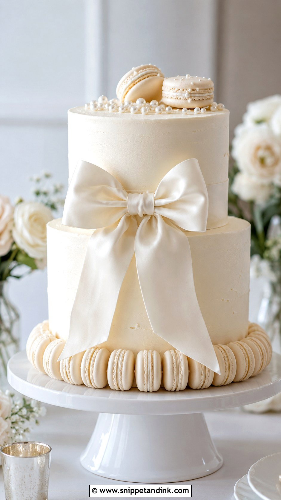 White Wedding Cake With Bow And Macarons - Snippet and Ink - 25 White Wedding Cake Ideas with Bow