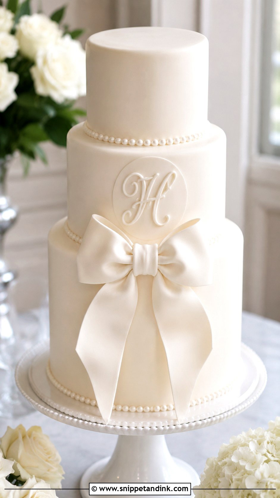 White Wedding Cake With Bow And Monogram - Snippet and Ink - 25 White Wedding Cake Ideas with Bow