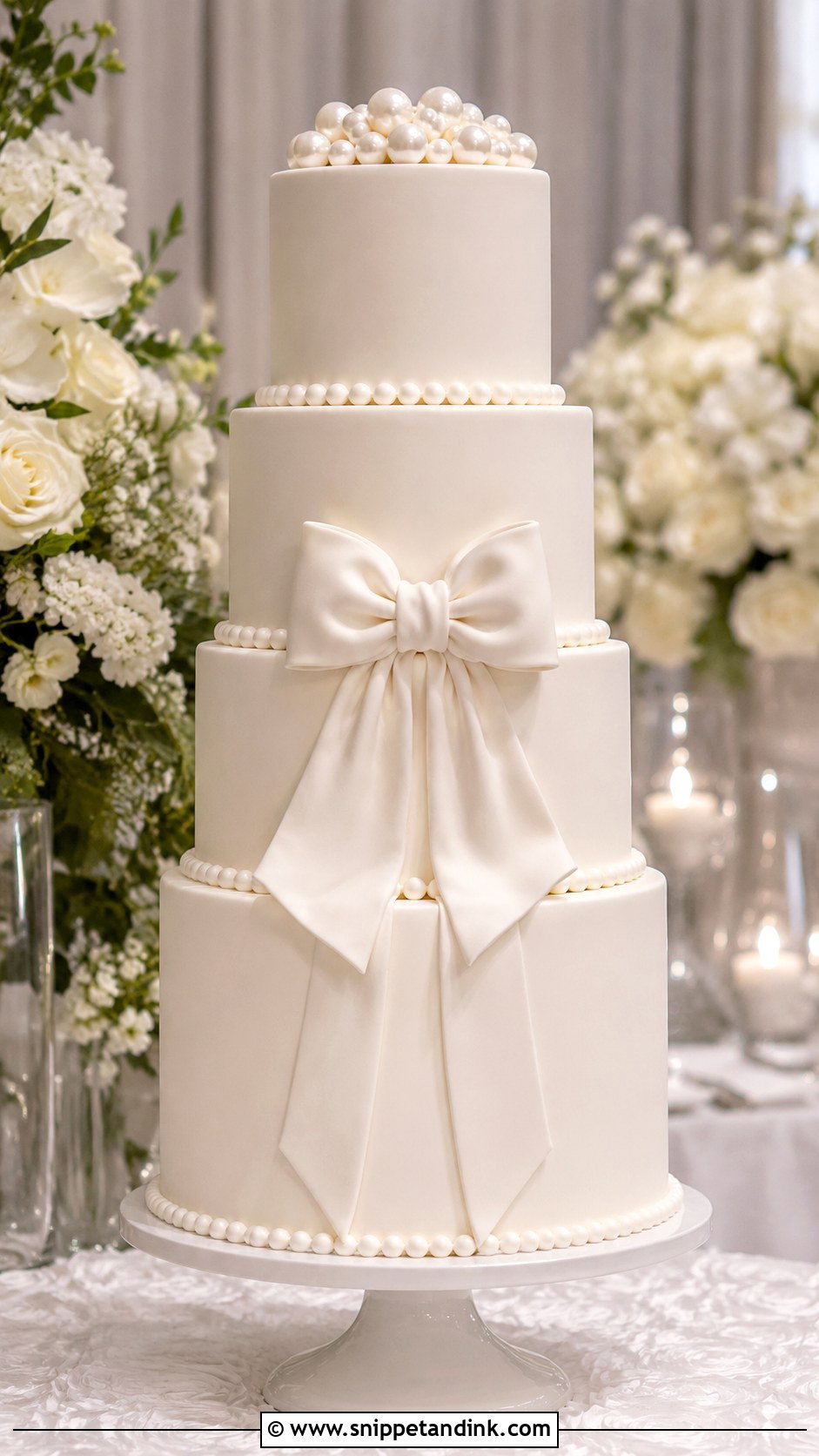 White Wedding Cake With Bow And Pearls - Snippet and Ink - 25 White Wedding Cake Ideas with Bow
