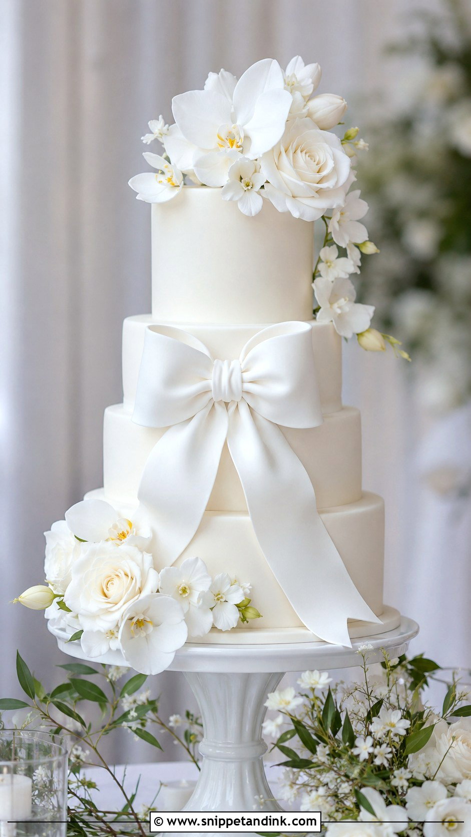White Wedding Cake With Bow And Sugar Flowers - Snippet and Ink - 25 White Wedding Cake Ideas with Bow