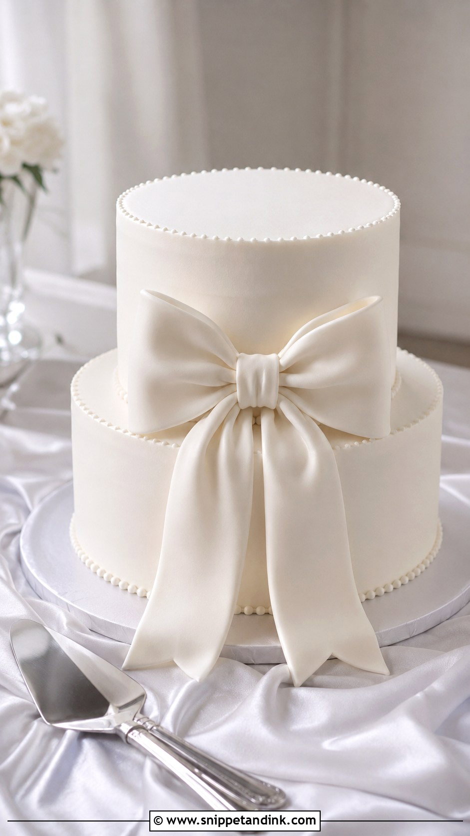 White Wedding Cake With Bow - Snippet and Ink - 20 Minimal White Wedding Cake Ideas