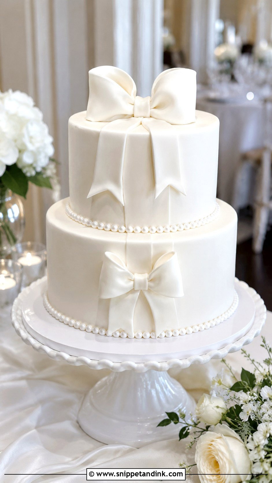White Wedding Cake With Bows - Snippet and Ink - 20 Plain White Wedding Cake Ideas