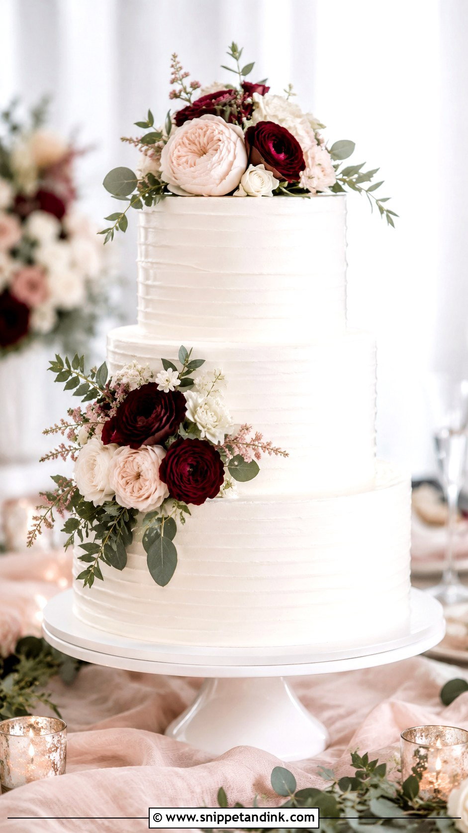 White Wedding Cake With Burgundy And Blush Flowers - Snippet and Ink - 20 White Wedding Cake Ideas with Burgundy Flowers