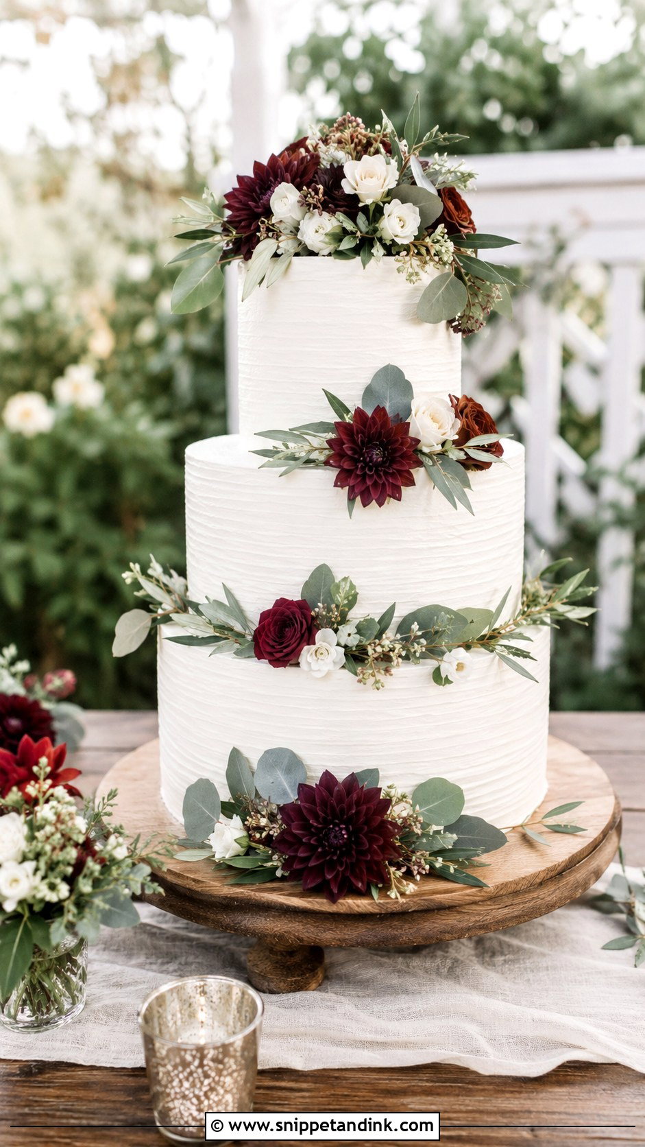 White Wedding Cake With Burgundy And Greenery - Snippet and Ink - 20 White Wedding Cake Ideas with Burgundy Flowers