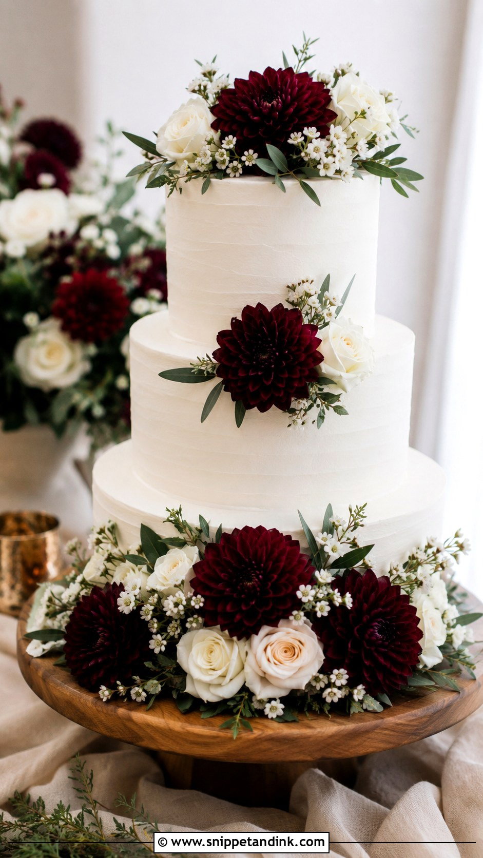 White Wedding Cake With Burgundy Dahlias - Snippet and Ink - 20 White Wedding Cake Ideas with Burgundy Flowers