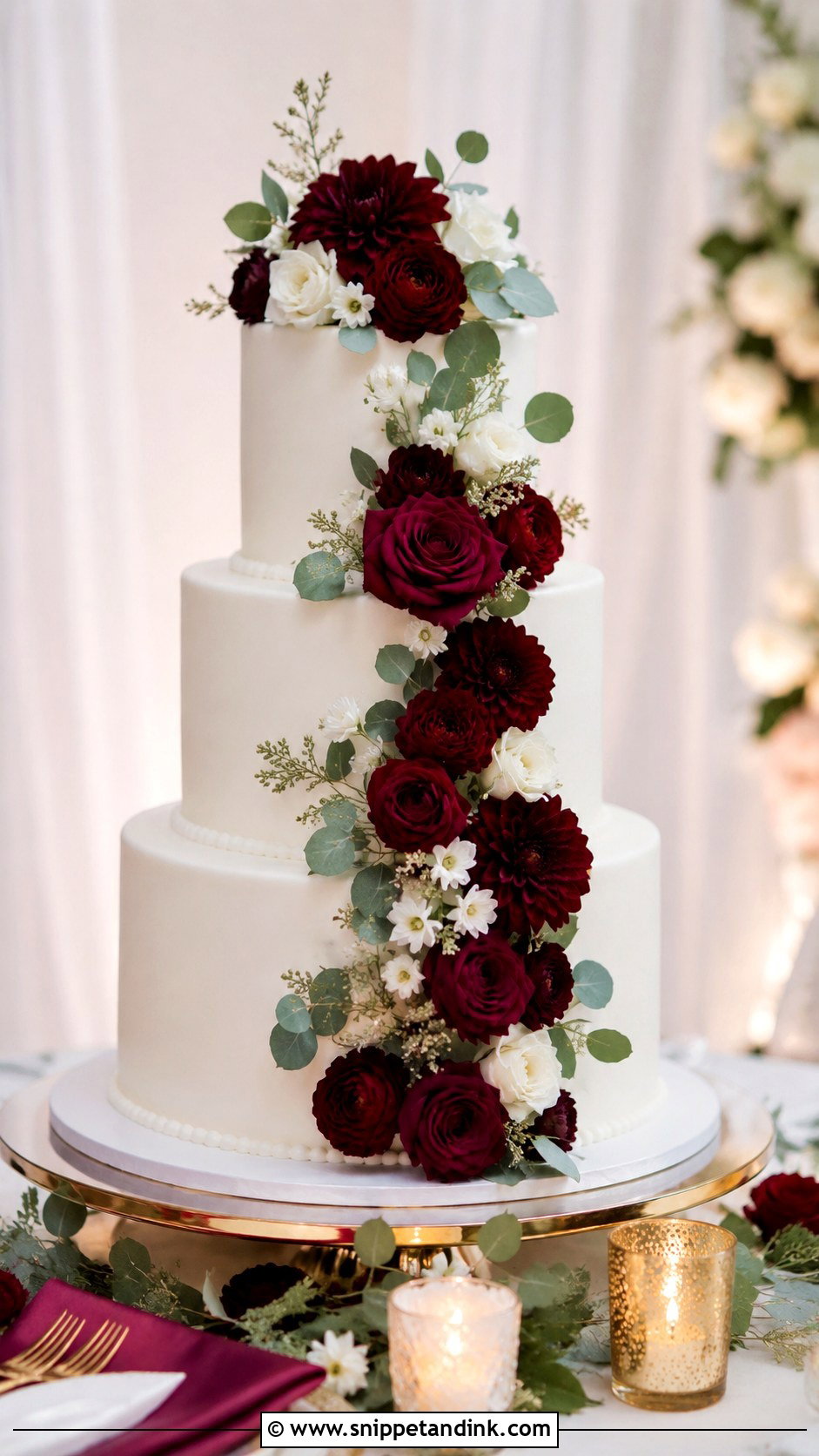 White Wedding Cake With Burgundy Flower Cascade - Snippet and Ink - 20 White Wedding Cake Ideas with Burgundy Flowers