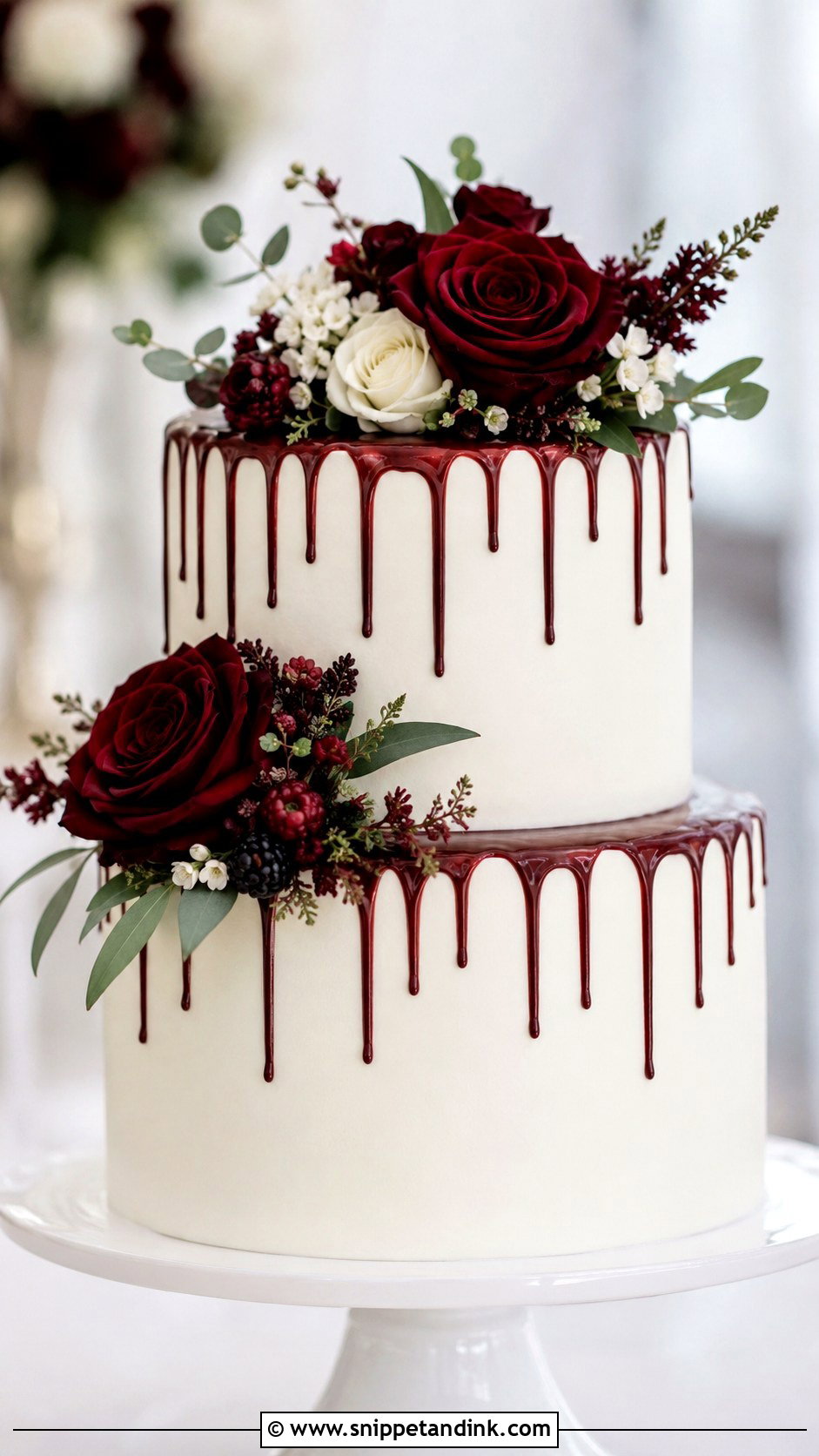 White Wedding Cake With Burgundy Flowers And Drip - Snippet and Ink - 20 White Wedding Cake Ideas with Burgundy Flowers