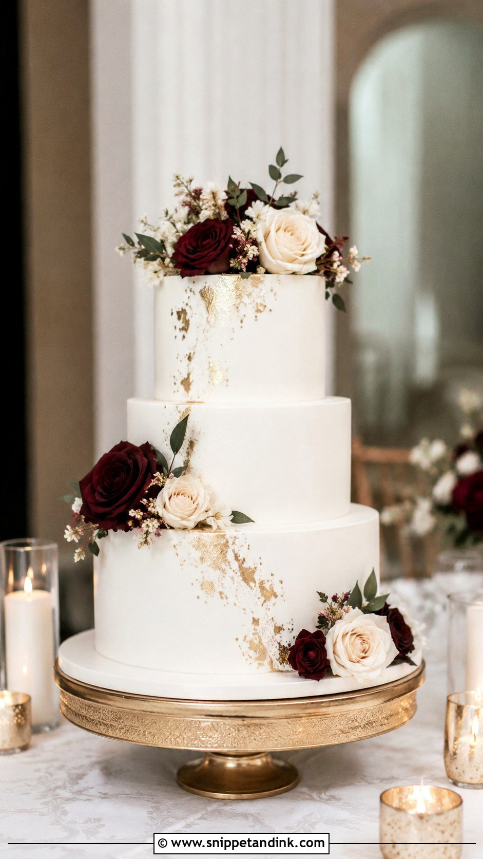 White Wedding Cake With Burgundy Flowers And Gold - Snippet and Ink - 20 White Wedding Cake Ideas with Burgundy Flowers