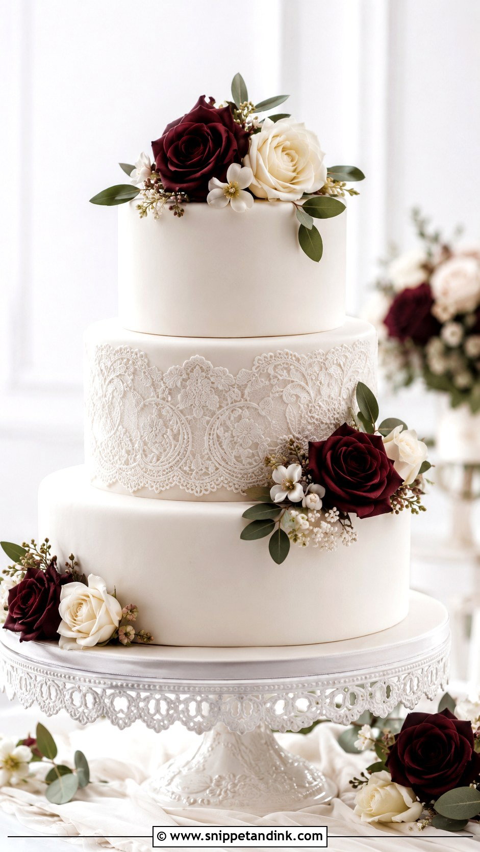 White Wedding Cake With Burgundy Flowers And Lace - Snippet and Ink - 20 White Wedding Cake Ideas with Burgundy Flowers