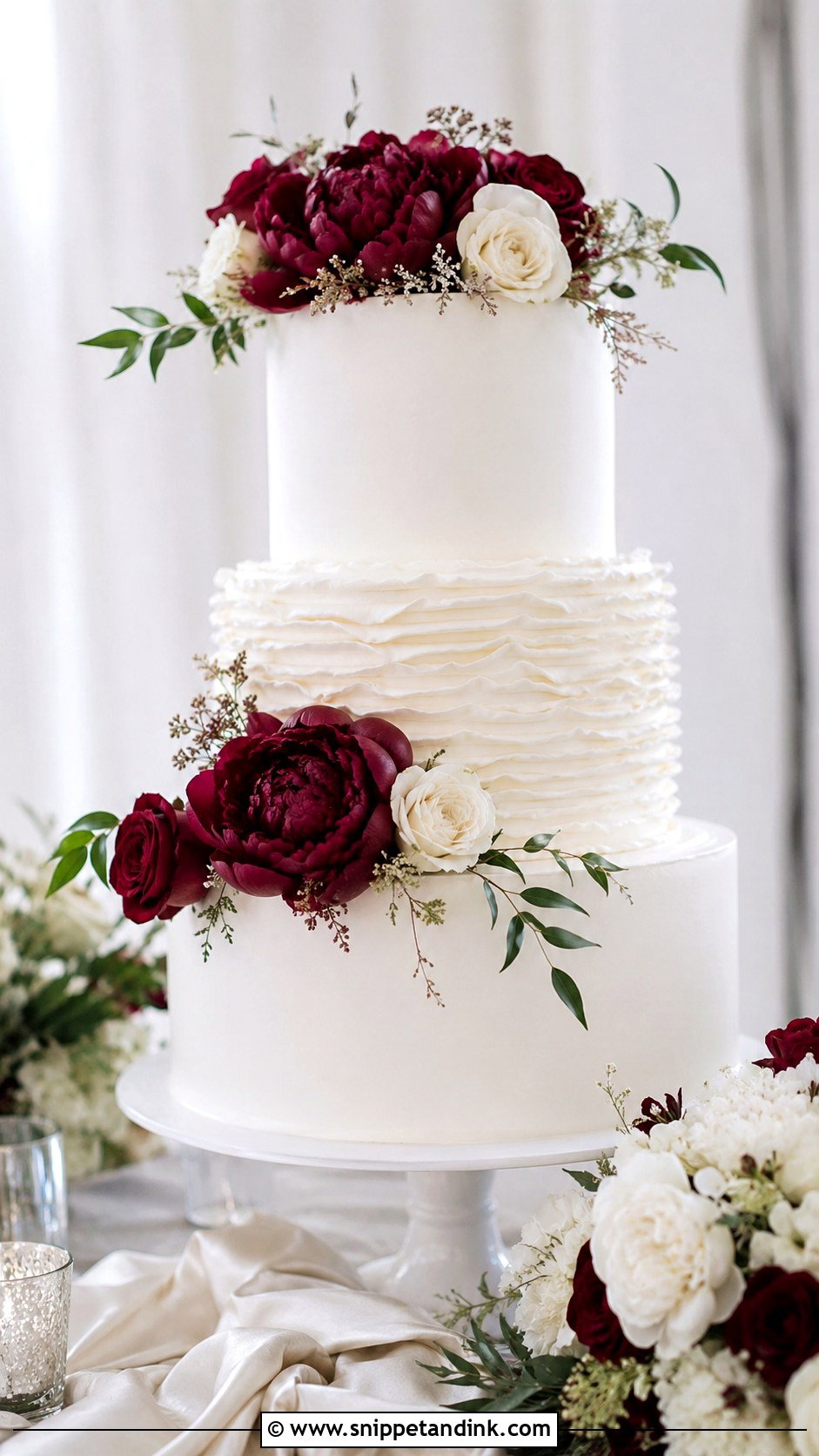 White Wedding Cake With Burgundy Flowers And Pearls - Snippet and Ink - 20 White Wedding Cake Ideas with Burgundy Flowers