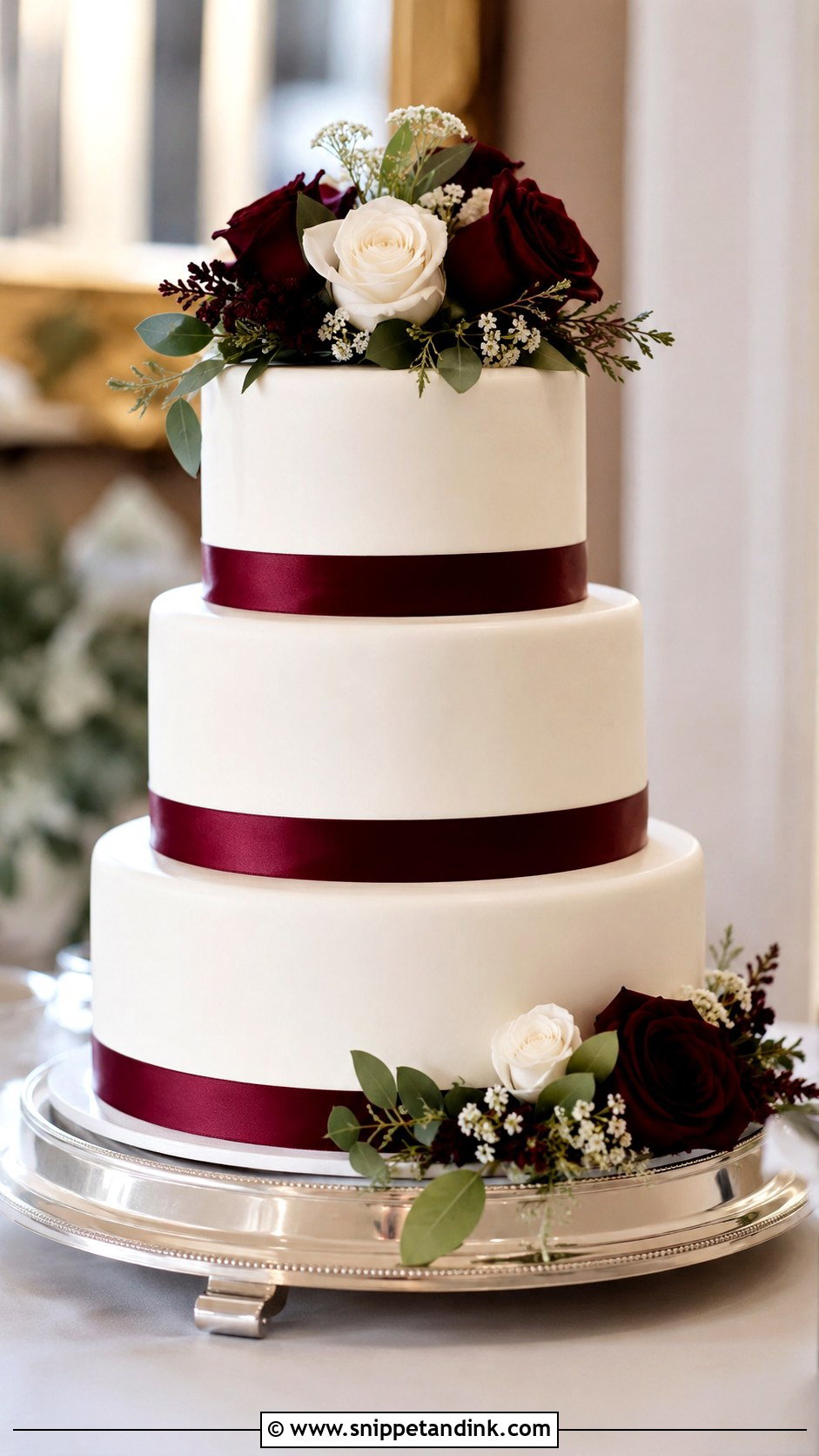 White Wedding Cake With Burgundy Flowers And Ribbon - Snippet and Ink - 20 White Wedding Cake Ideas with Burgundy Flowers