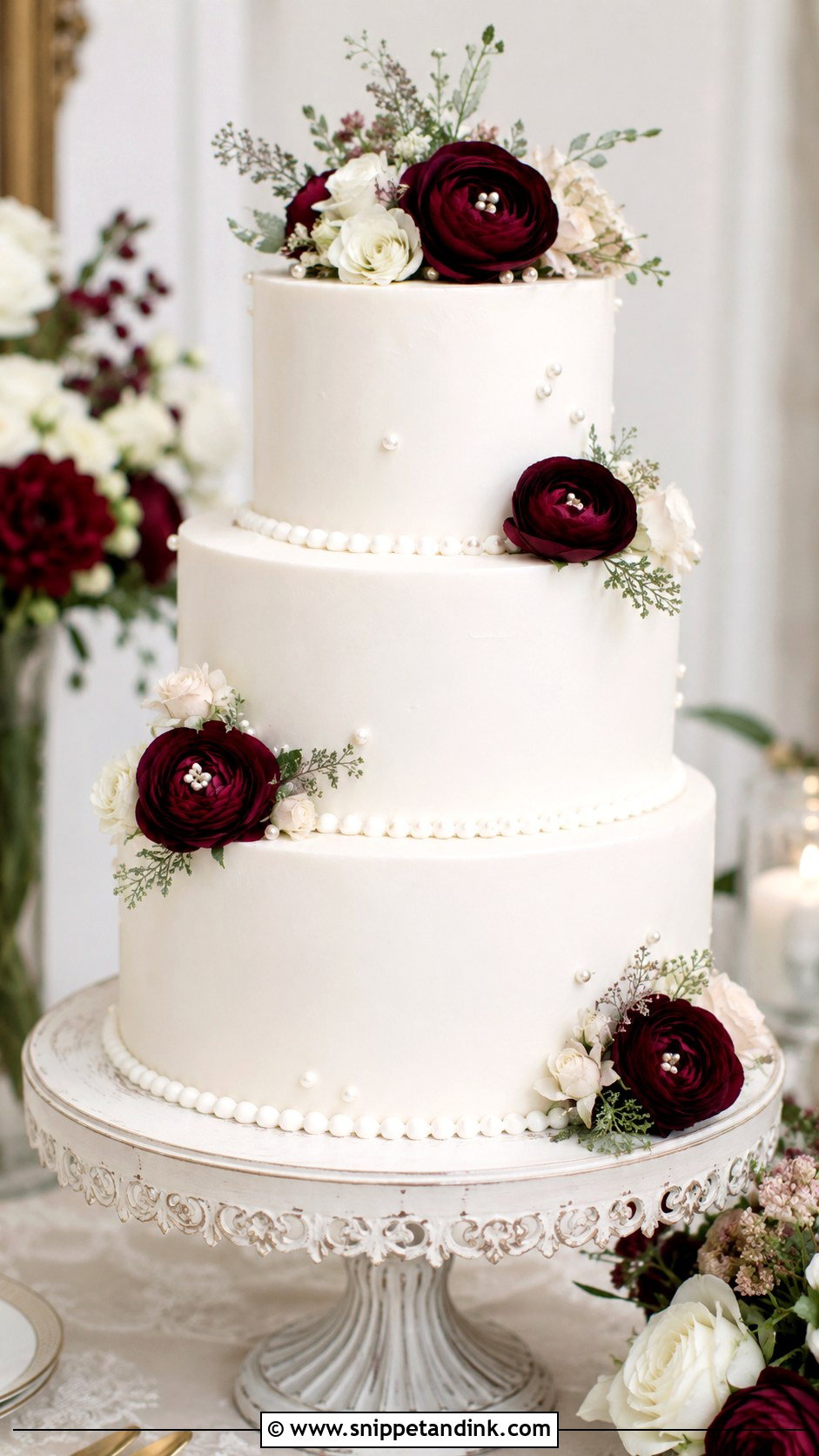 White Wedding Cake With Burgundy Flowers And Ruffles - Snippet and Ink - 20 White Wedding Cake Ideas with Burgundy Flowers