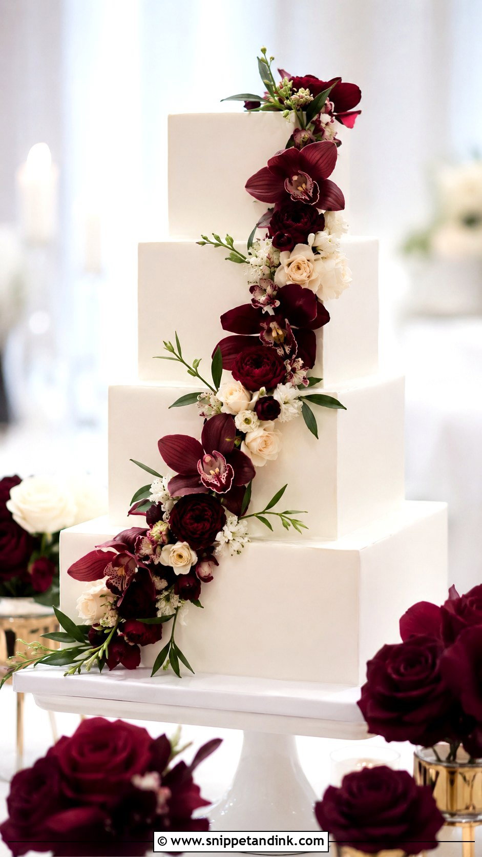 White Wedding Cake With Burgundy Flowers And Square Tiers - Snippet and Ink - 20 White Wedding Cake Ideas with Burgundy Flowers