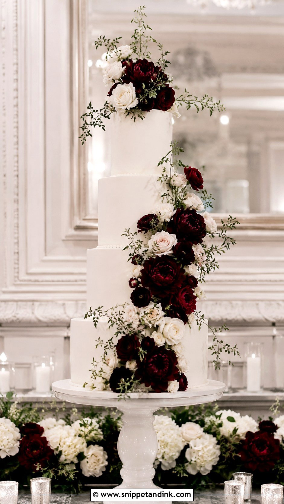 White Wedding Cake With Burgundy Flowers And Tall Tiers - Snippet and Ink - 20 White Wedding Cake Ideas with Burgundy Flowers