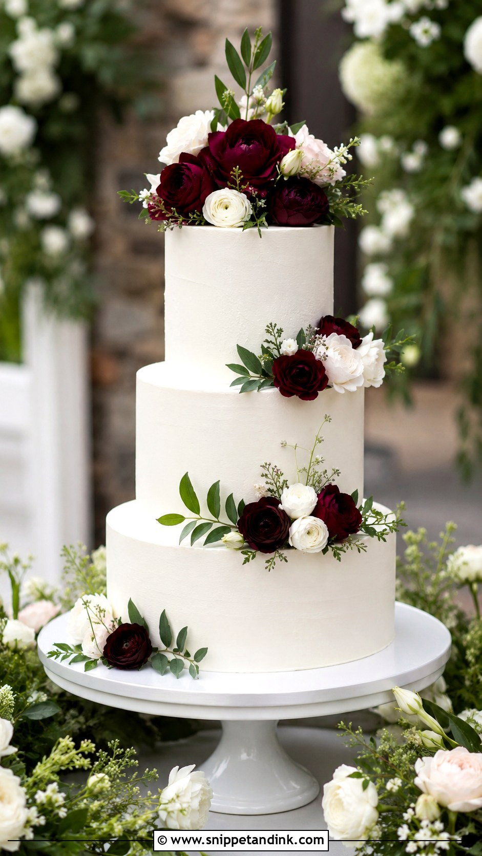 White Wedding Cake With Burgundy Fresh Flowers - Snippet and Ink - 20 White Wedding Cake Ideas with Burgundy Flowers