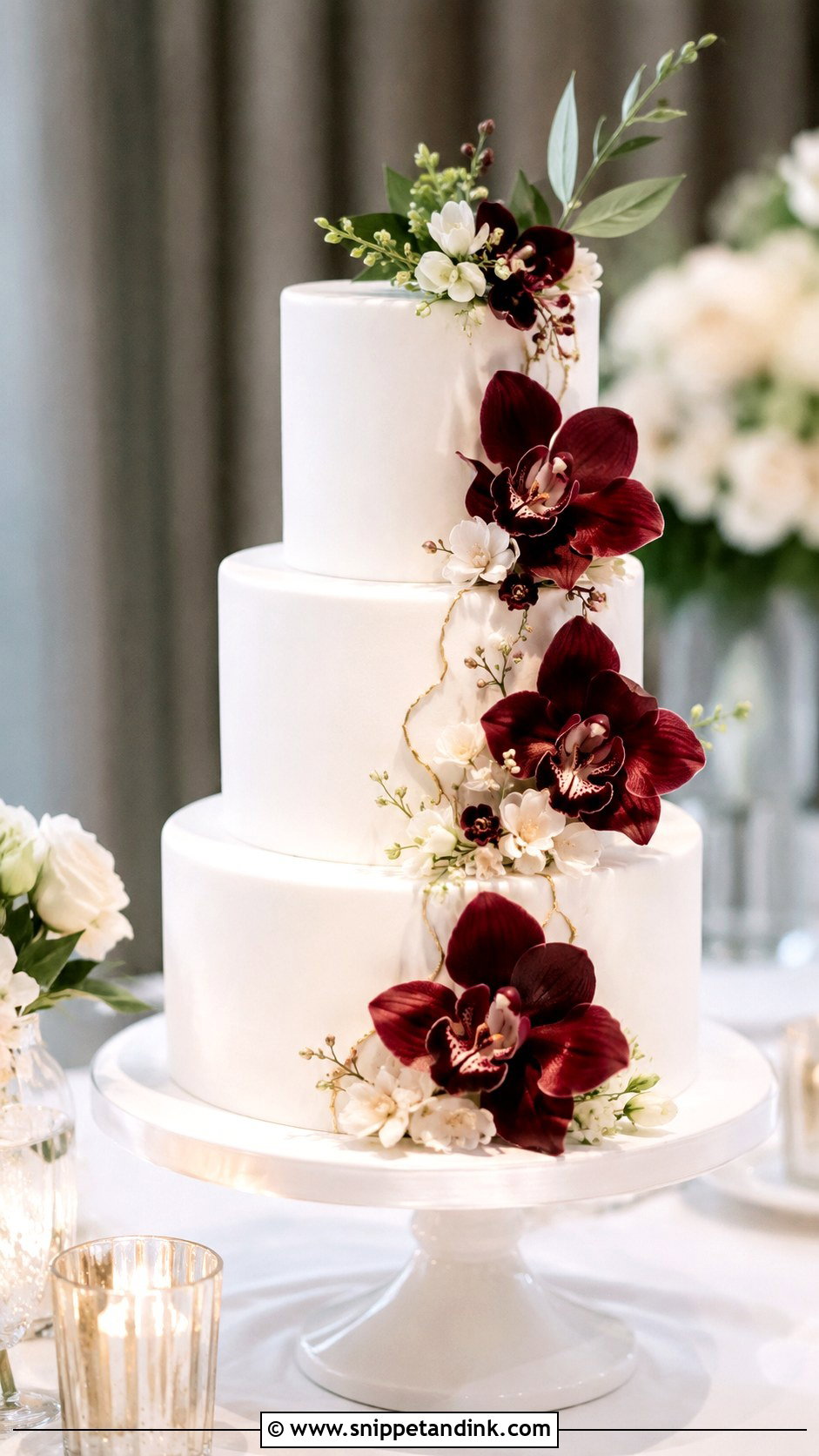 White Wedding Cake With Burgundy Orchids - Snippet and Ink - 20 White Wedding Cake Ideas with Burgundy Flowers