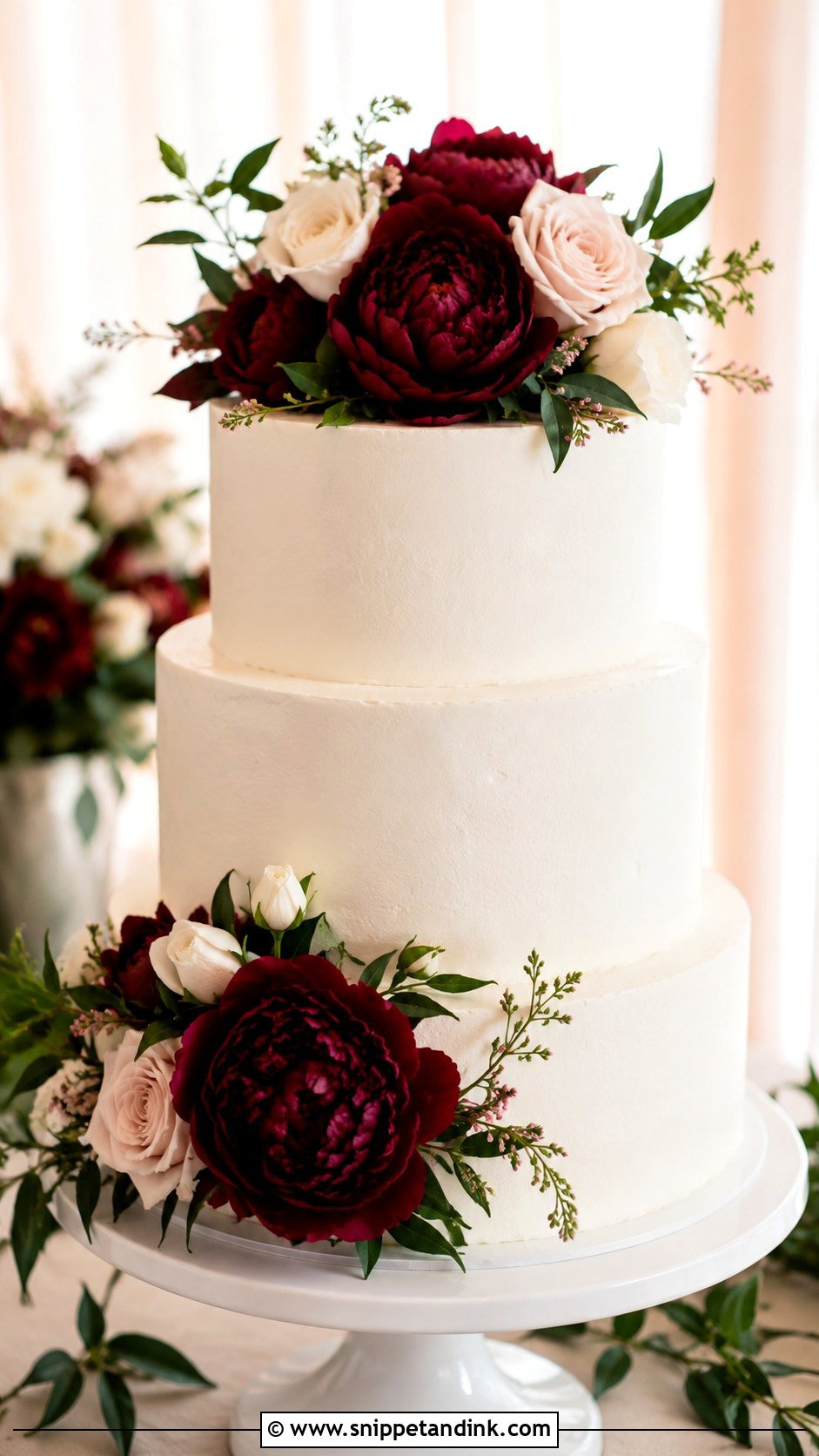 White Wedding Cake With Burgundy Peonies - Snippet and Ink - 20 White Wedding Cake Ideas with Burgundy Flowers