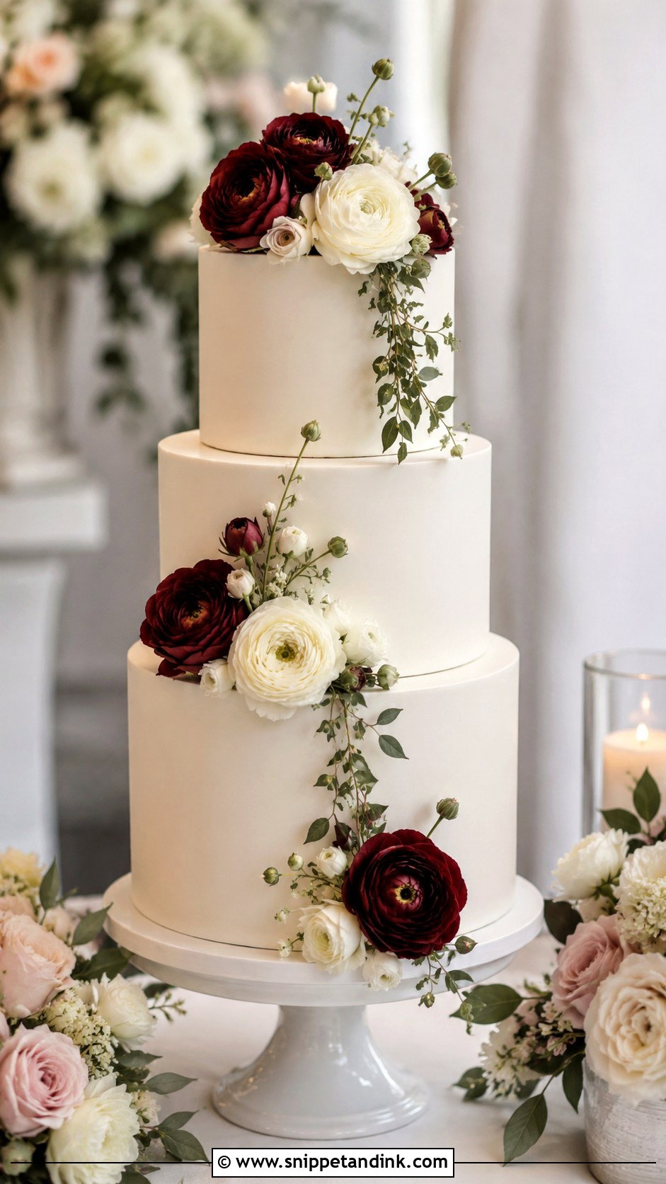 White Wedding Cake With Burgundy Ranunculus - Snippet and Ink - 20 White Wedding Cake Ideas with Burgundy Flowers