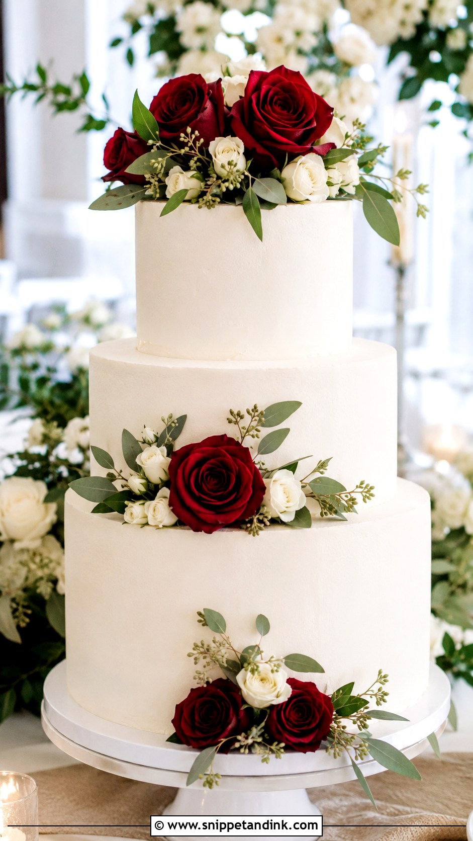 White Wedding Cake With Burgundy Roses - Snippet and Ink - 20 White Wedding Cake Ideas with Burgundy Flowers