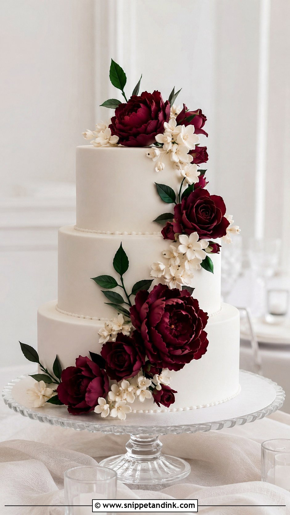 White Wedding Cake With Burgundy Sugar Flowers - Snippet and Ink - 20 White Wedding Cake Ideas with Burgundy Flowers