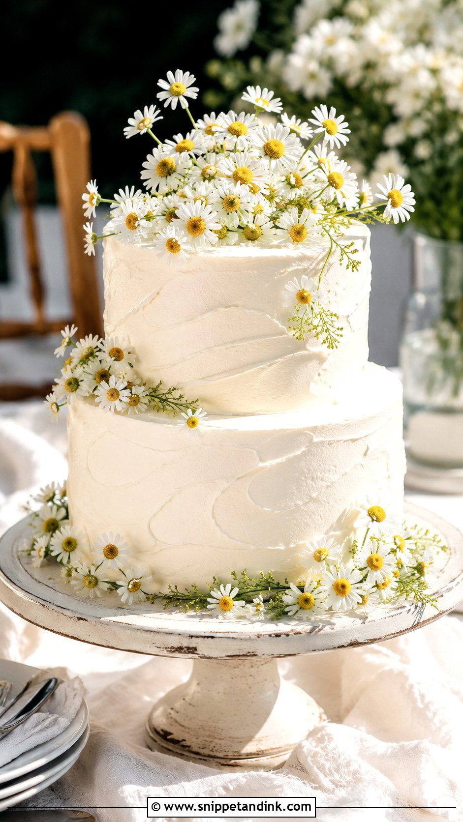 White Wedding Cake With Chamomile Flowers - Snippet and Ink - 20 White Wedding Cake Ideas with Wildflowers