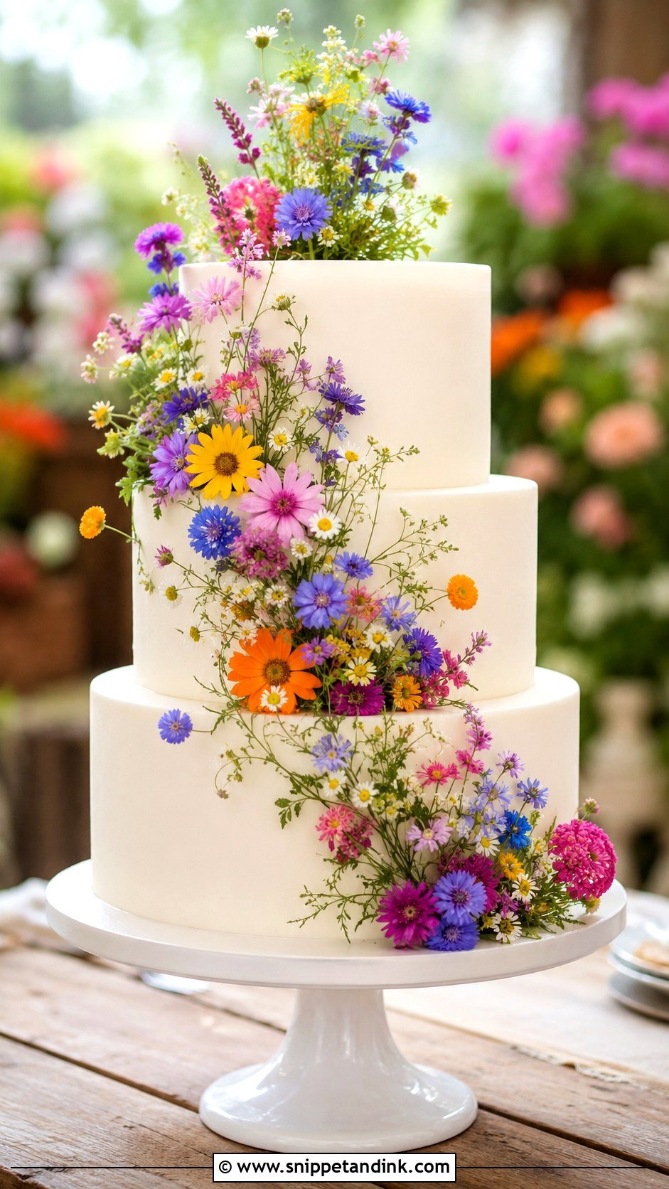 White Wedding Cake With Colorful Wildflowers - Snippet and Ink - 20 White Wedding Cake Ideas with Wildflowers