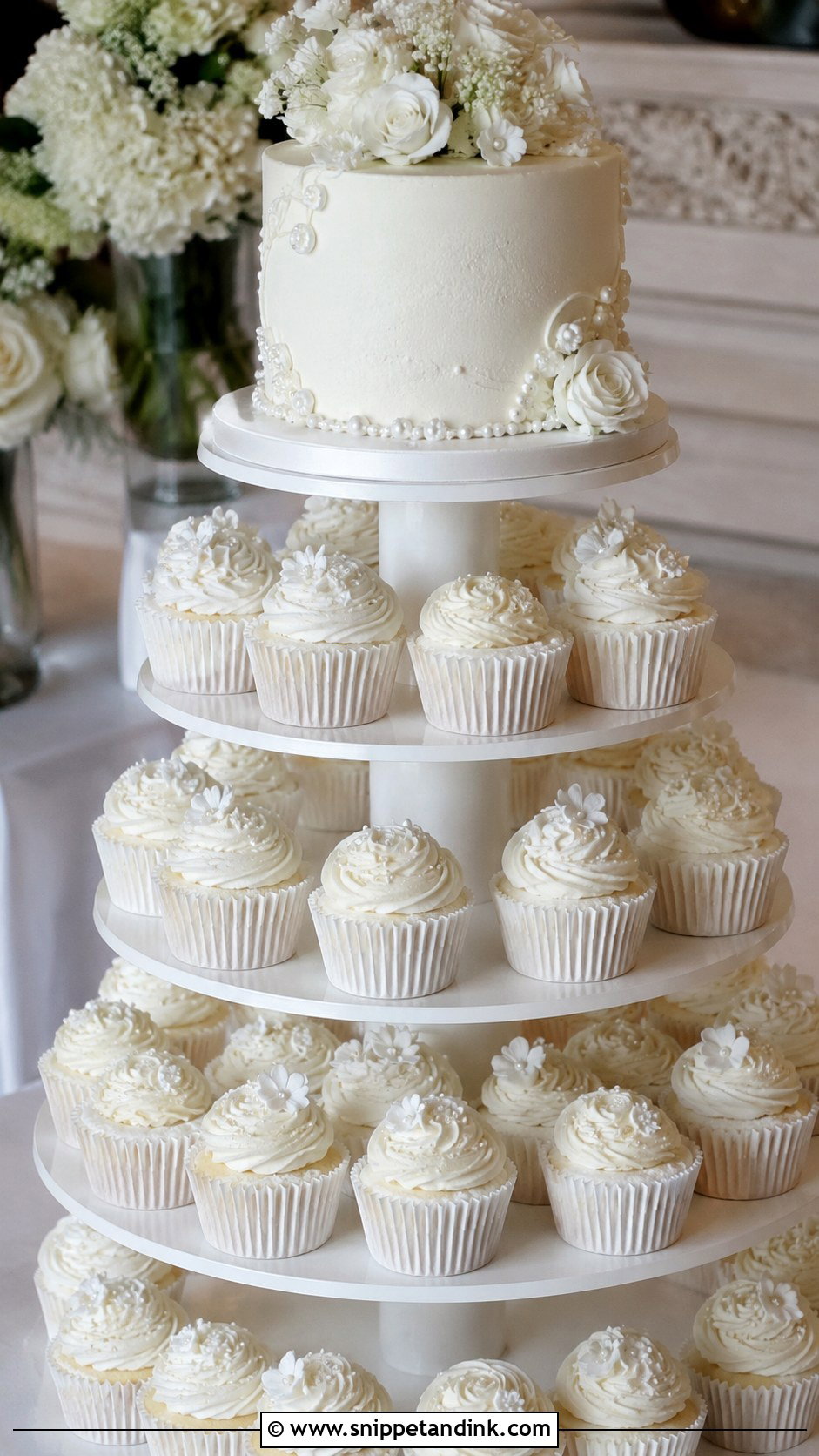 White Wedding Cake With Cupcake Tower - Snippet and Ink - 20 White Wedding Cake and Cupcakes Ideas