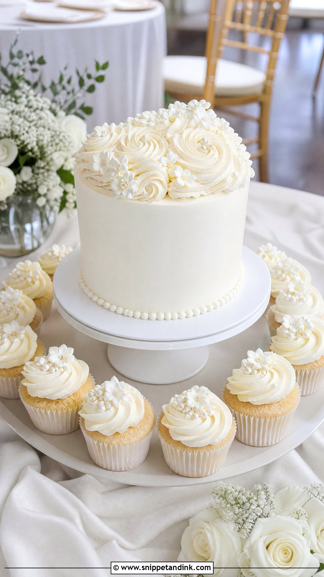 White Wedding Cake With Cupcakes - Snippet and Ink - 20 Wedding Cakes with Cupcakes