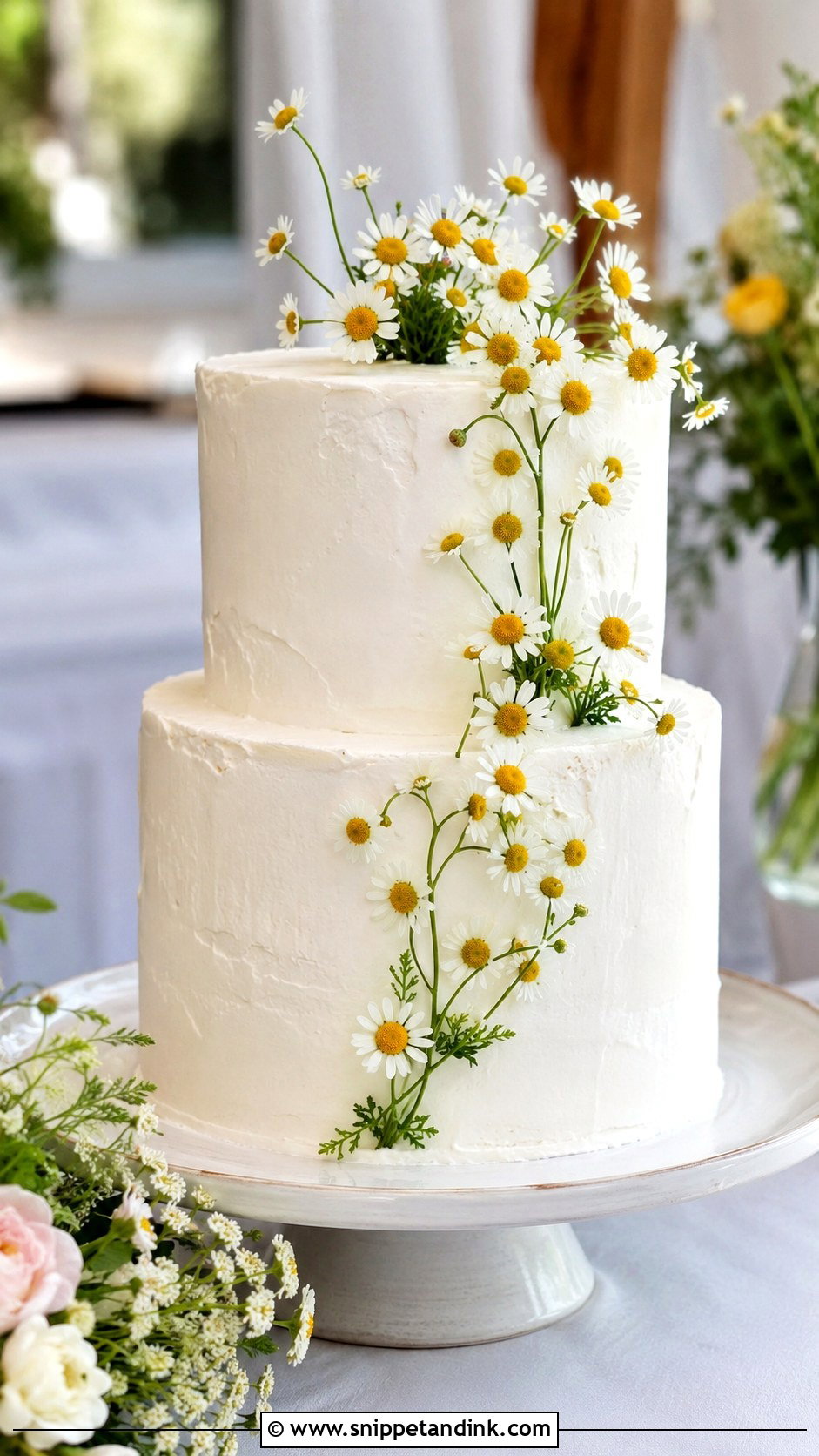 White Wedding Cake With Daisies - Snippet and Ink - 20 White Wedding Cake Ideas with Wildflowers