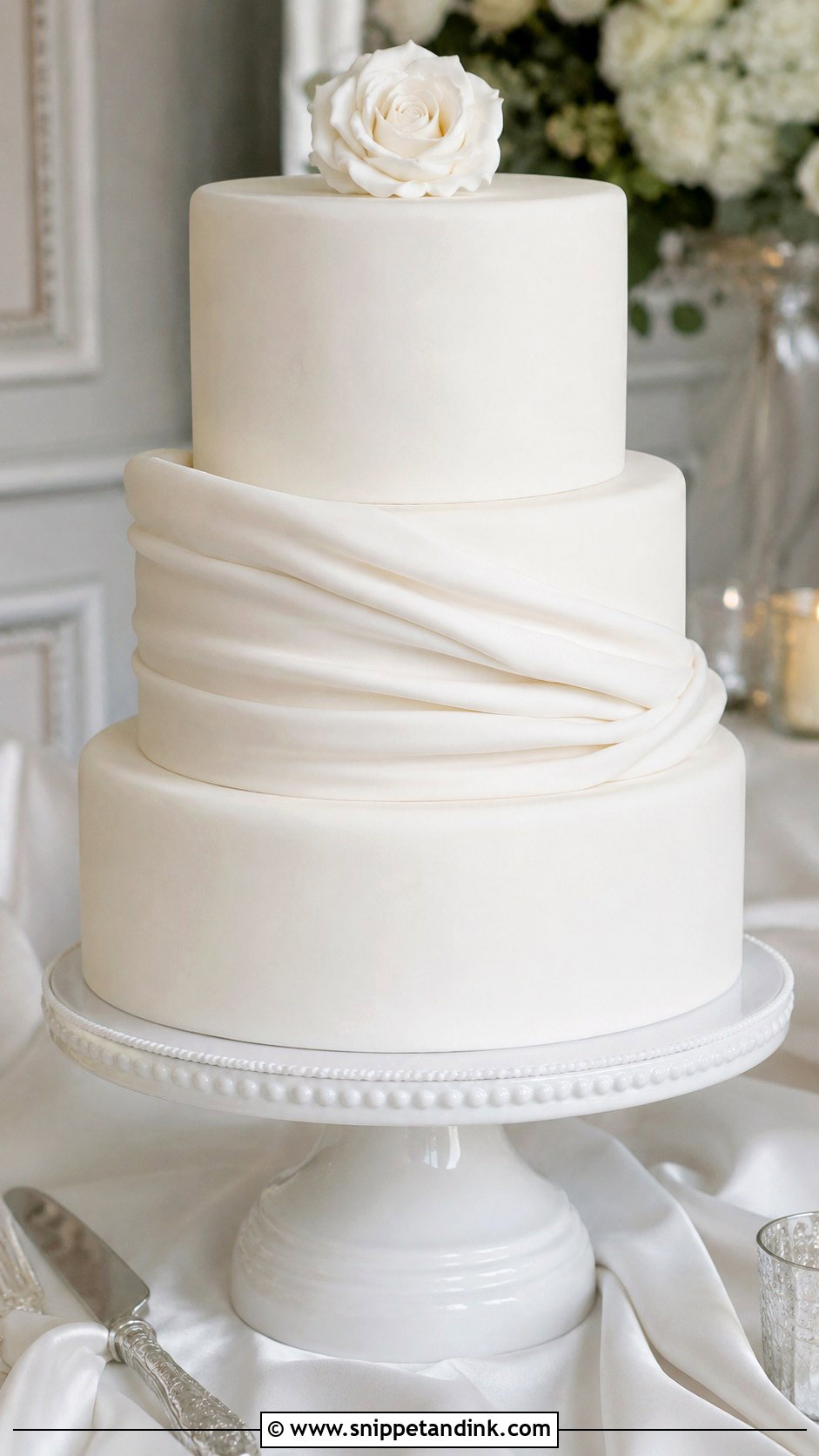 White Wedding Cake With Draped Fondant - Snippet and Ink - 20 Minimal White Wedding Cake Ideas