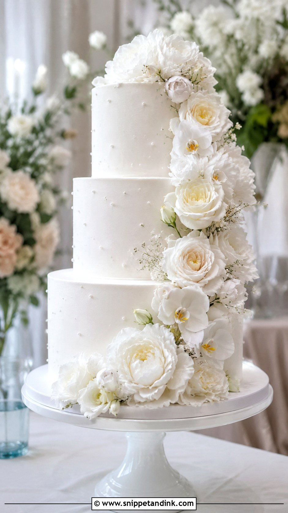 White Wedding Cake With Floral Cascade - Snippet and Ink - 20 White Wedding Cake and Cupcakes Ideas